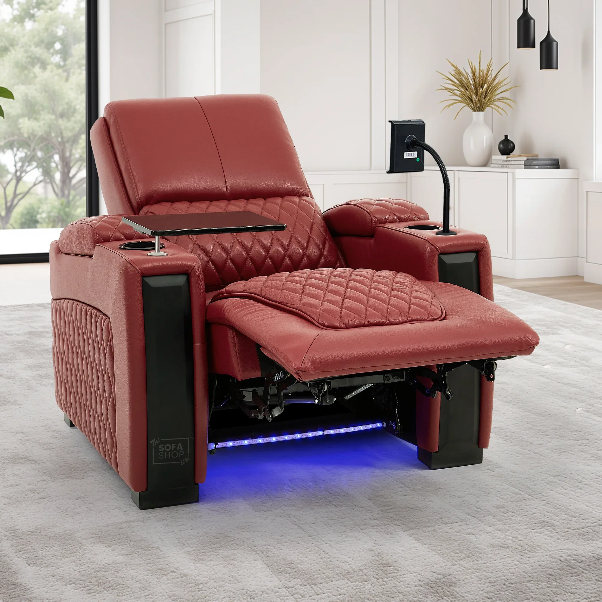 1 Seat Real Leather Electric Recliner Chair Home Cinema Sofa In Red with Massage, LED Cup Holders  & Low Heated Lumbar | Assisi - Image 4