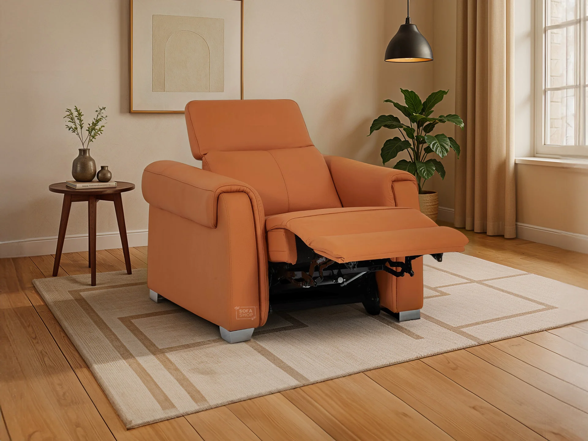 Real Leather Electric Recliner Chair In Orange | Hi-Tech Chair with Massage, Power Headrest + USB Charging Ports | Turin | The Sofa Shop - Image 6