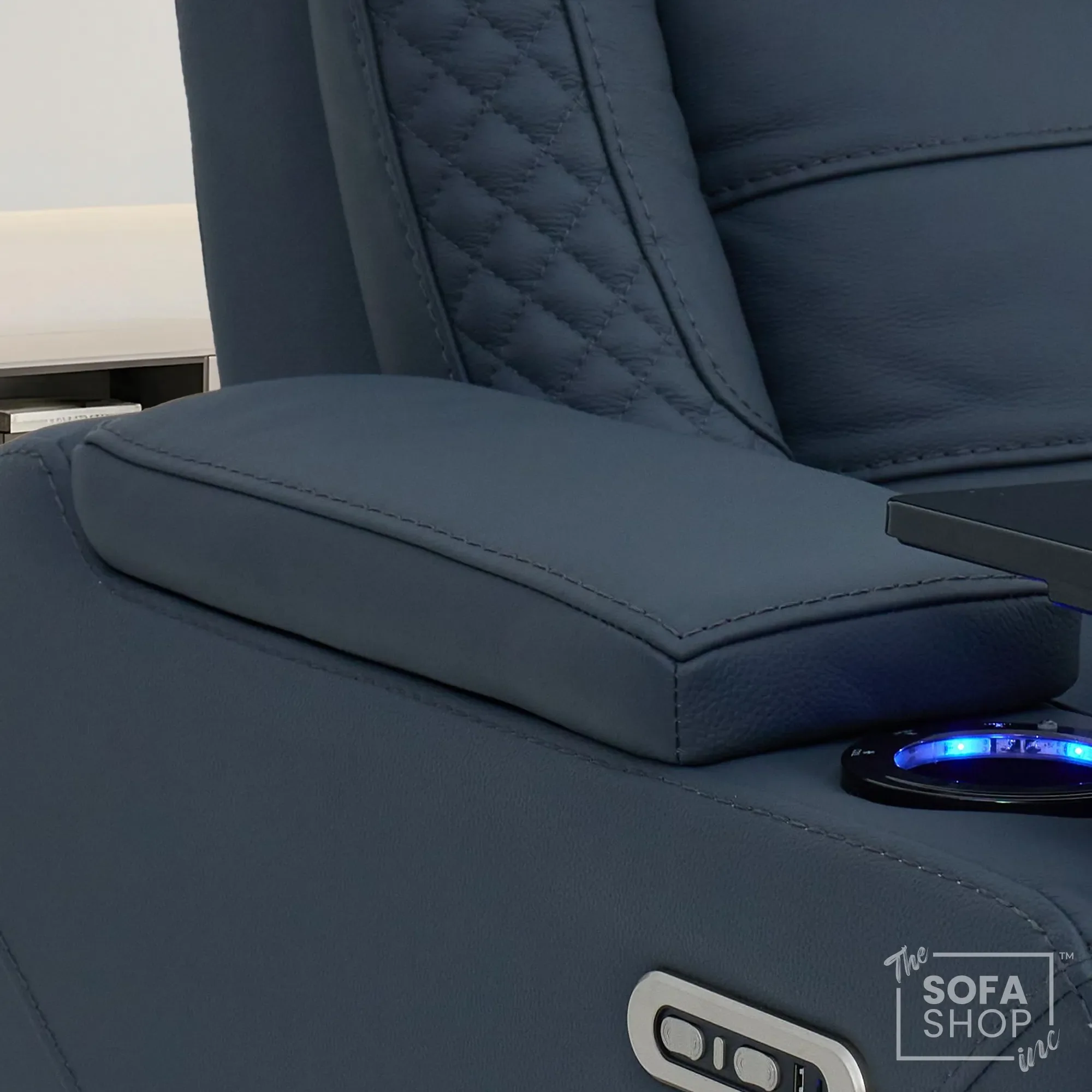 1 Seater Cinema Chair in Blue Genuine Leather | Hi-Tech Cinema Armchair with Power Recline + Power Headrest + Vibration Massage + Heated Lumbar+ Power Grommet | Napoli | The Sofa Shop - Image 14