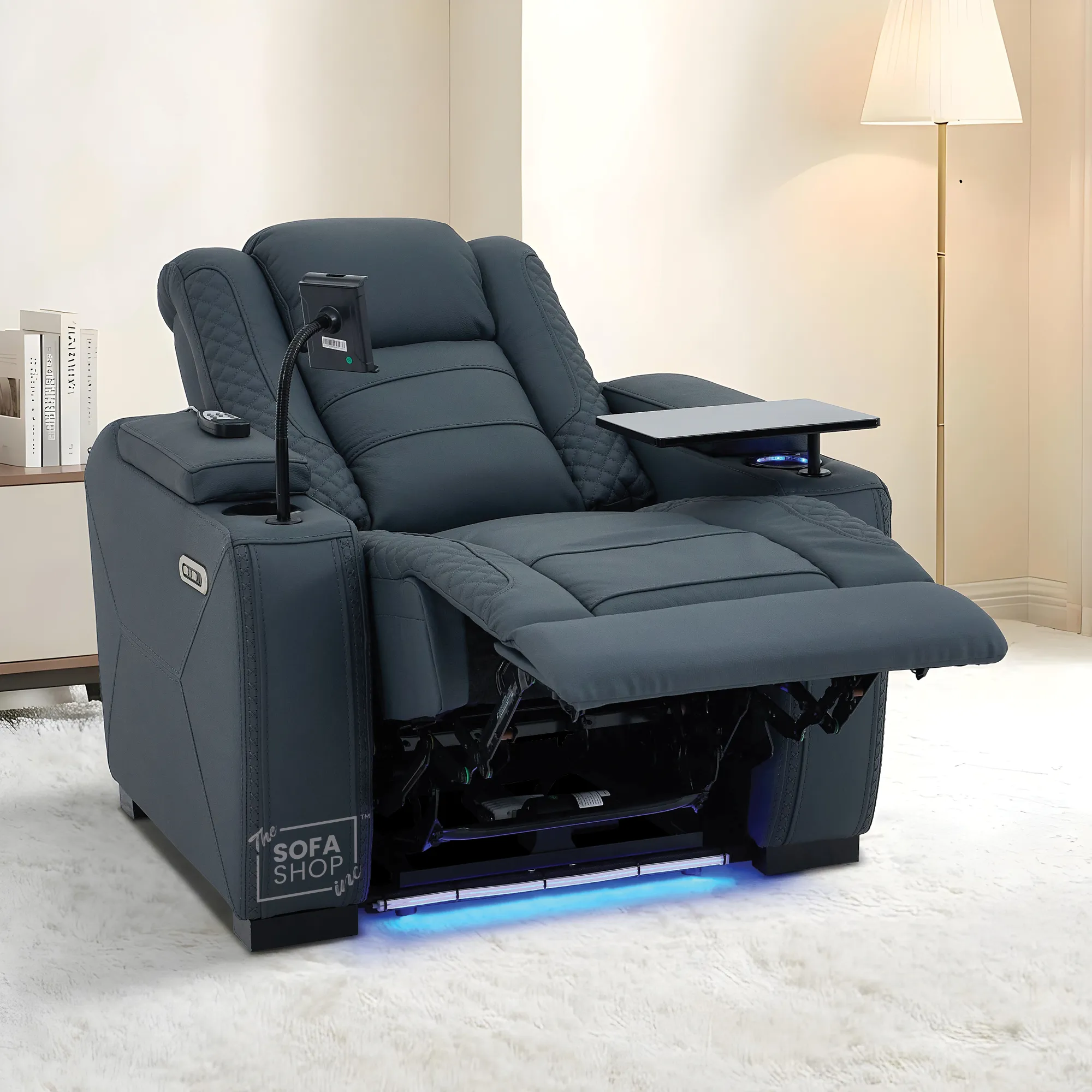 1 Seater Cinema Chair in Blue Genuine Leather | Hi-Tech Cinema Armchair with Power Recline + Power Headrest + Vibration Massage + Heated Lumbar+ Power Grommet | Napoli | The Sofa Shop - Image 3