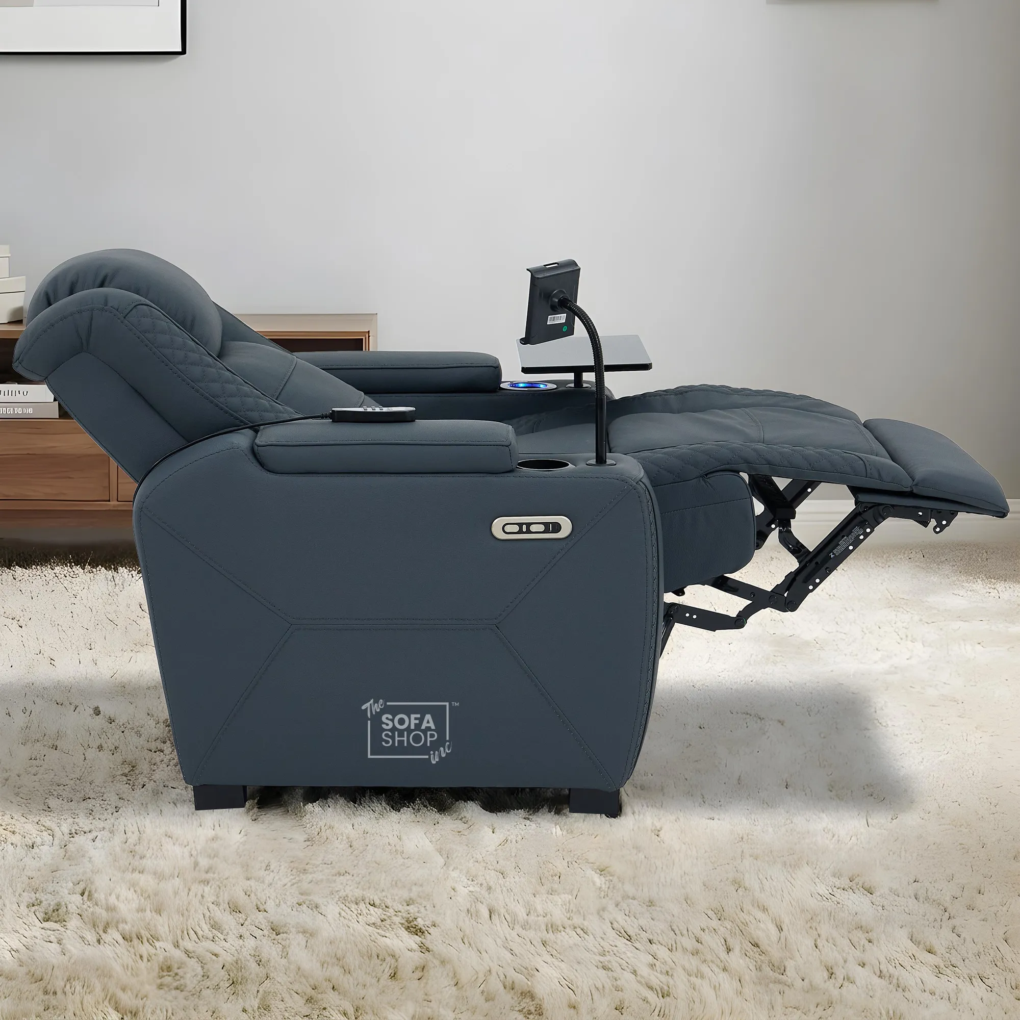 1 Seater Cinema Chair in Blue Genuine Leather | Hi-Tech Cinema Armchair with Power Recline + Power Headrest + Vibration Massage + Heated Lumbar+ Power Grommet | Napoli | The Sofa Shop - Image 4