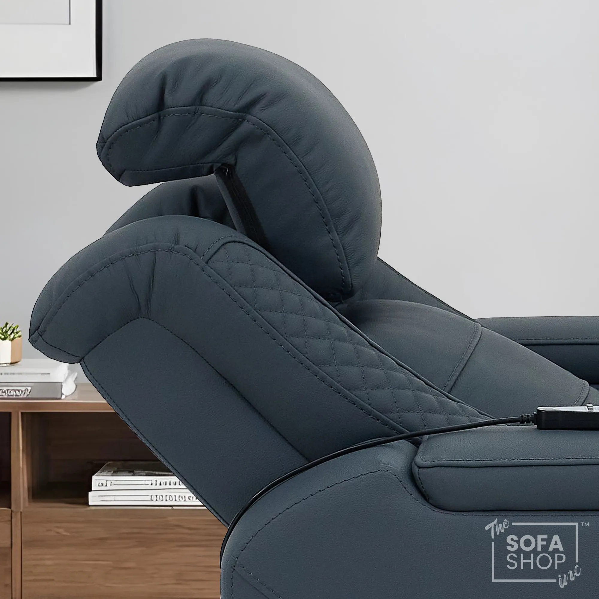 1 Seater Cinema Chair in Blue Genuine Leather | Hi-Tech Cinema Armchair with Power Recline + Power Headrest + Vibration Massage + Heated Lumbar+ Power Grommet | Napoli | The Sofa Shop - Image 6