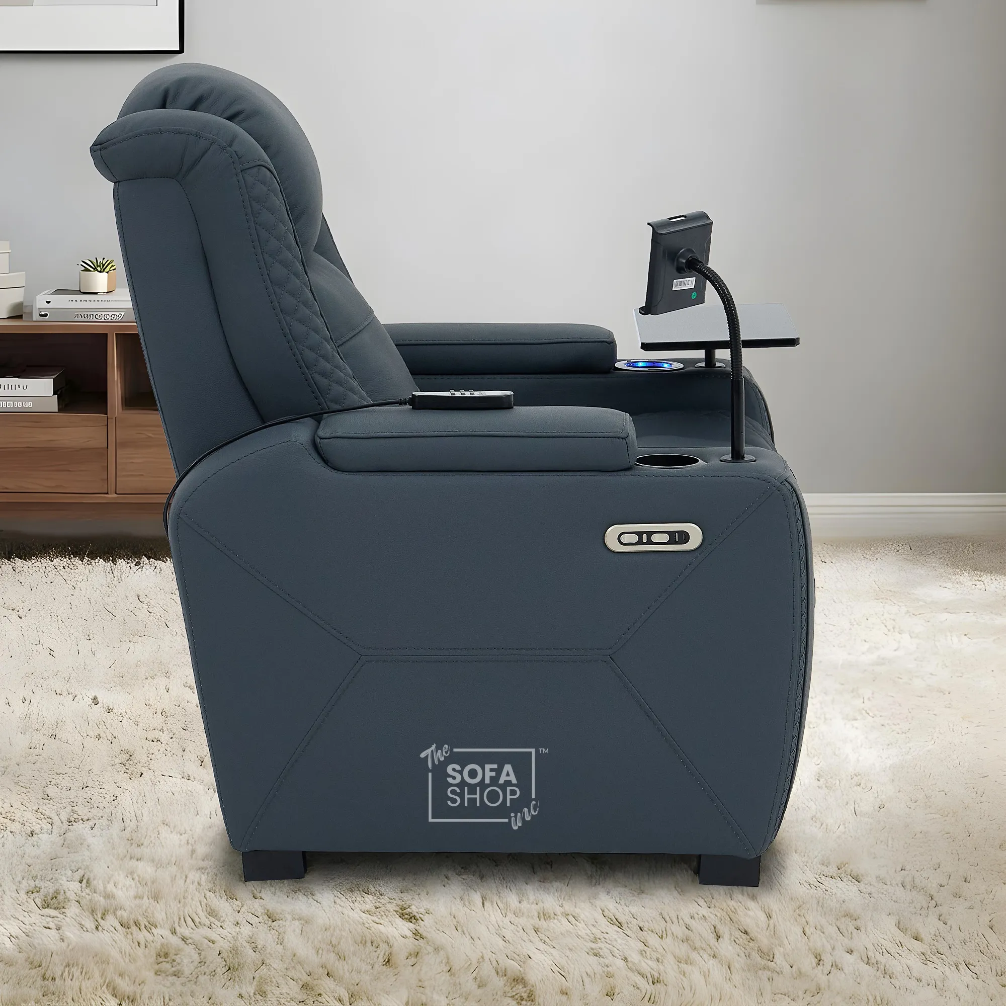 1 Seater Cinema Chair in Blue Genuine Leather | Hi-Tech Cinema Armchair with Power Recline + Power Headrest + Vibration Massage + Heated Lumbar+ Power Grommet | Napoli | The Sofa Shop - Image 7
