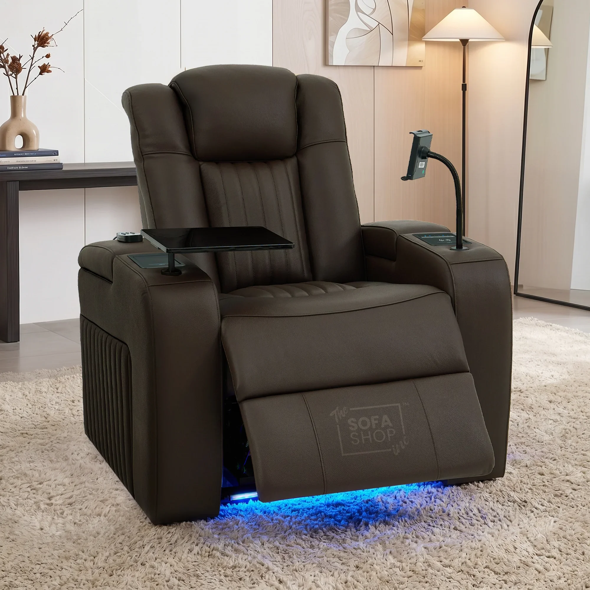 Electric Recliner Cinema Chair in Dark Brown Genuine Leather | Massage, Heated Lumbar + Heating & Cooling Cup Holders & Power Headrest | Capri | The Sofa Shop