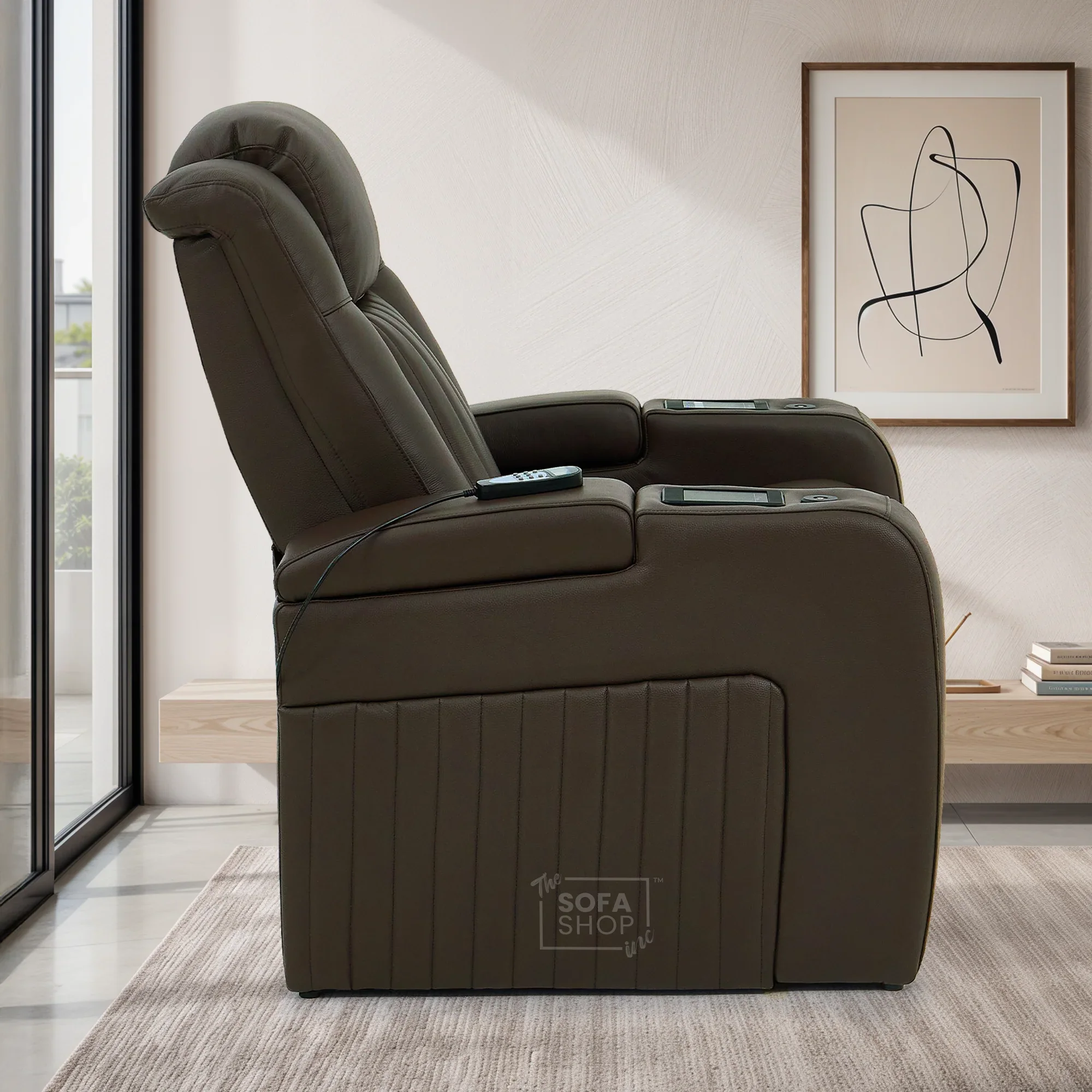 Electric Recliner Cinema Chair in Dark Brown Genuine Leather | Massage, Heated Lumbar + Heating & Cooling Cup Holders & Power Headrest | Capri | The Sofa Shop - Image 6