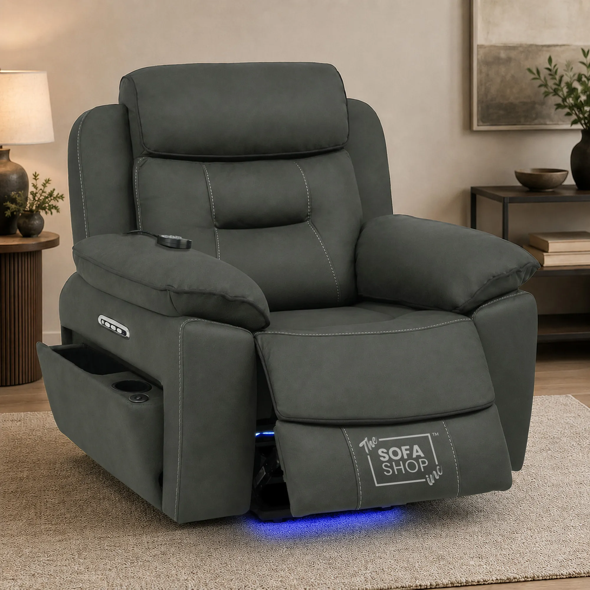 1 Seater Electric Dual Lift Riser Chair In Green Fabric | Hi-Tech Recliner Riser With Massage + Heating Comfort + Power Headrest + LED Light + USB-C | Florence | The Sofa Shop - Image 3