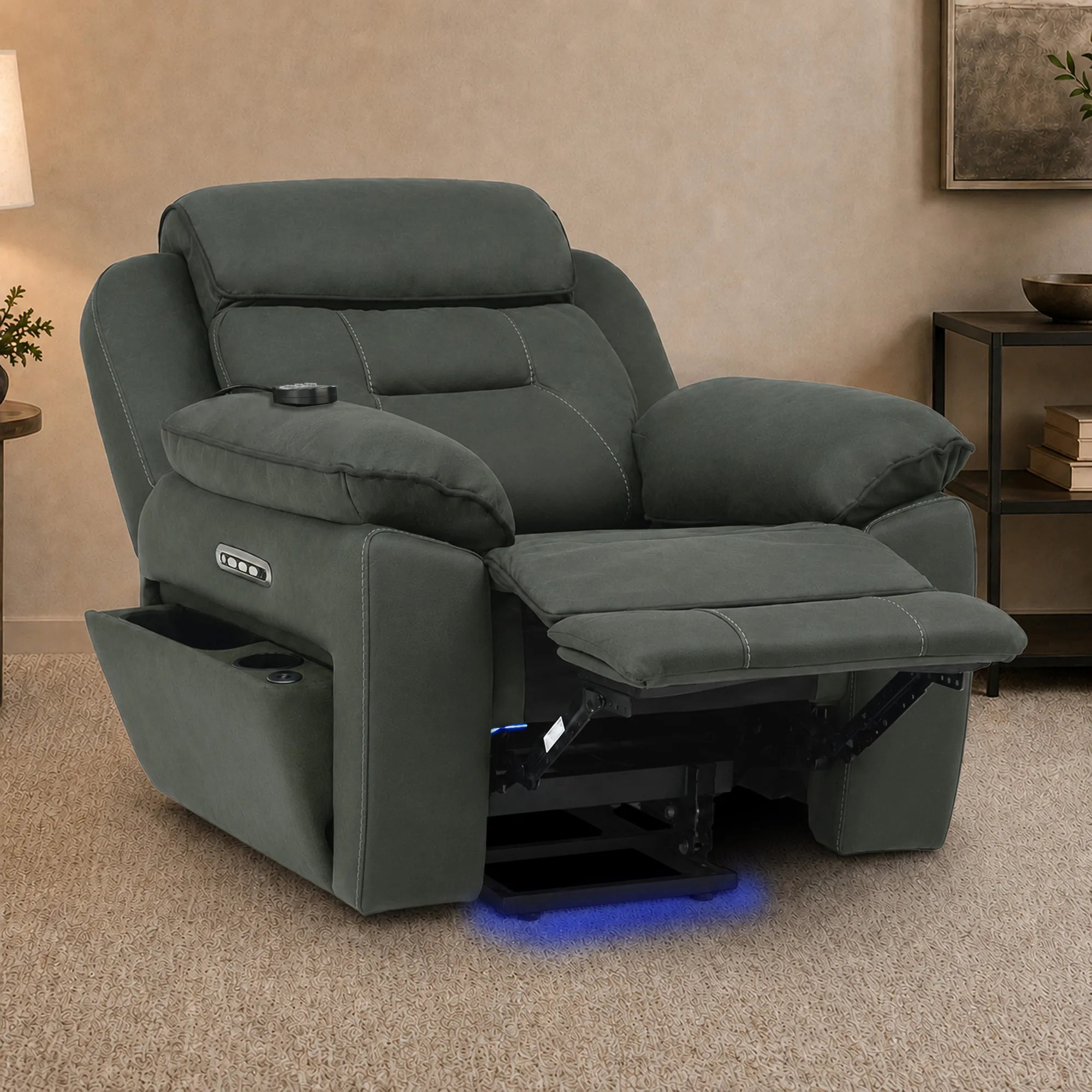 1 Seater Electric Dual Lift Riser Chair In Green Fabric | Hi-Tech Recliner Riser With Massage + Heating Comfort + Power Headrest + LED Light + USB-C | Florence | The Sofa Shop - Image 4