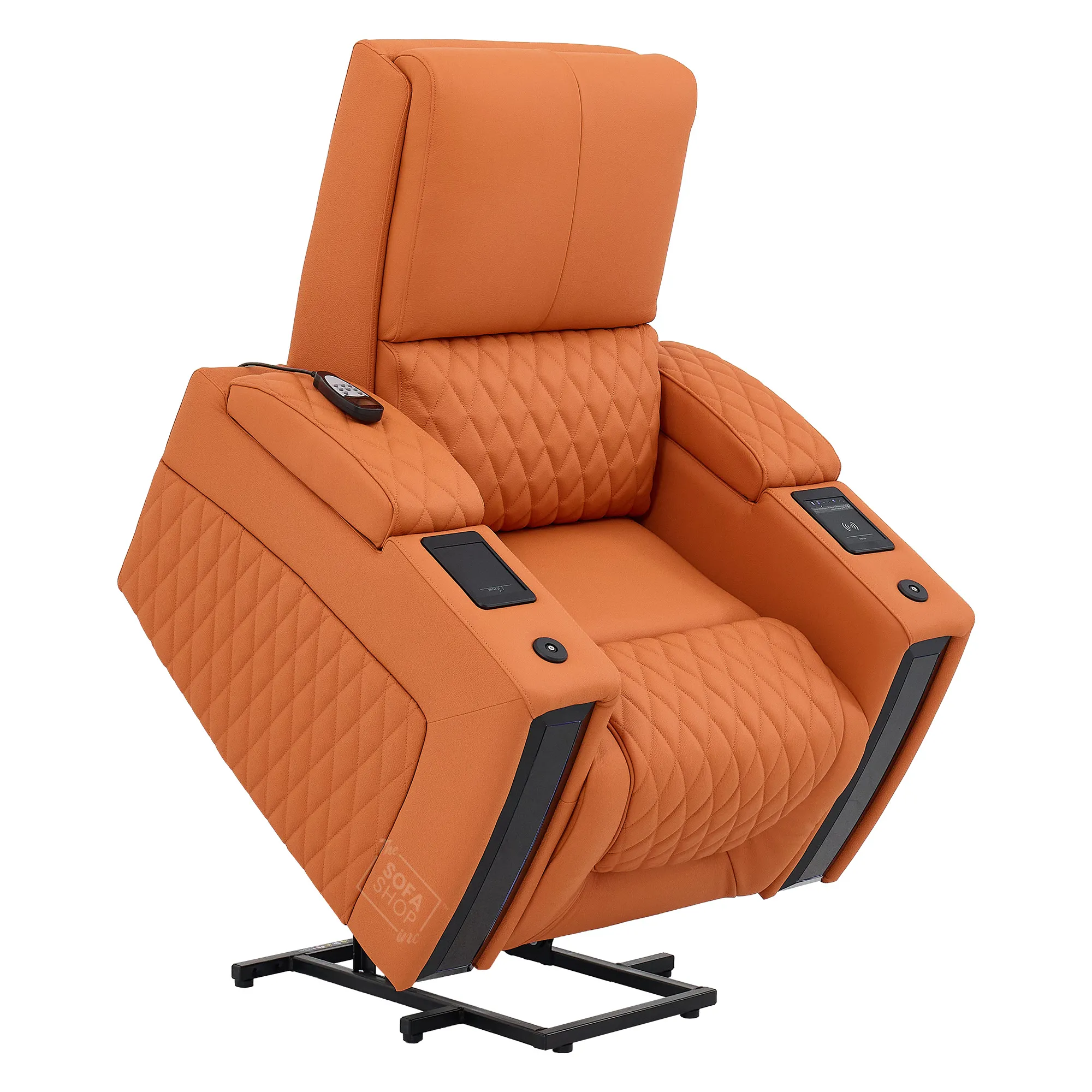1 Seater Electric Dual Lift Riser Cinema Chair | Power Recline, Heated Lumbar + Massage & Cooling & Heating Cup Holders | Orange Real Leather Riser Armchair with Tray Tables | Assisi | The Sofa Shop - Image 21
