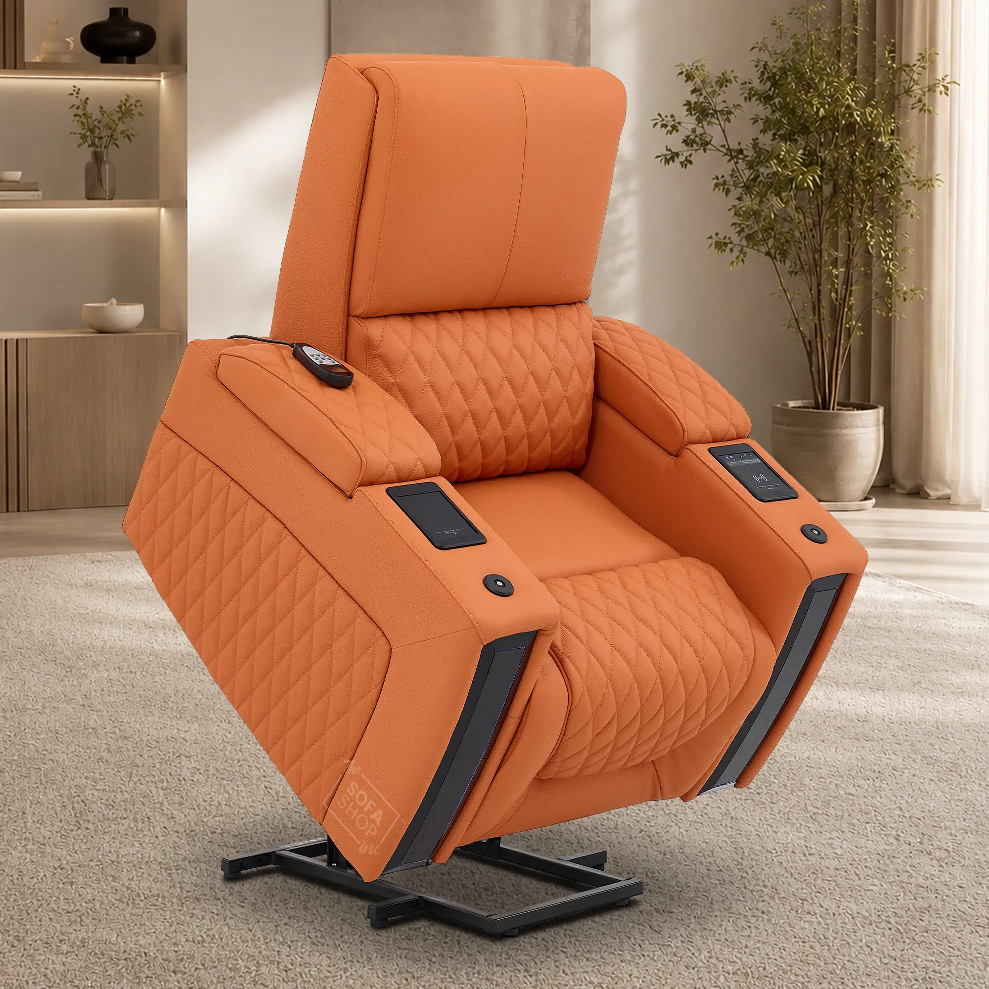 1 Seater Electric Dual Lift Riser Cinema Chair | Power Recline, Heated Lumbar + Massage & Cooling & Heating Cup Holders | Orange Real Leather Riser Armchair with Tray Tables | Assisi | The Sofa Shop - Image 3