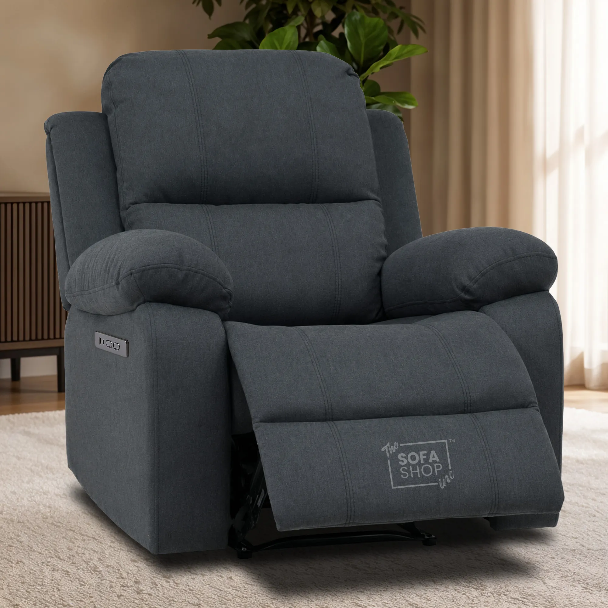 1 Seater Electric Recliner Chair in Grey Fabric | Power Chair with Electric Recline, Padded Lumbar Support, USB+C Charging | Trento | The Sofa Shop