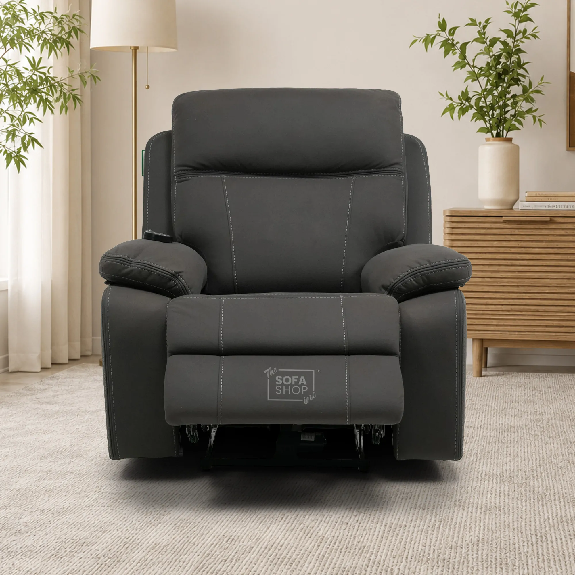 1 Seater Cinema Chair in Grey Resilience Fabric | Hi-Tech Recliner Chair with Power Recline + Power Headrest + Vibration Massage + USB Charging | Sample | Vinsonova | The Sofa Shop - Image 2