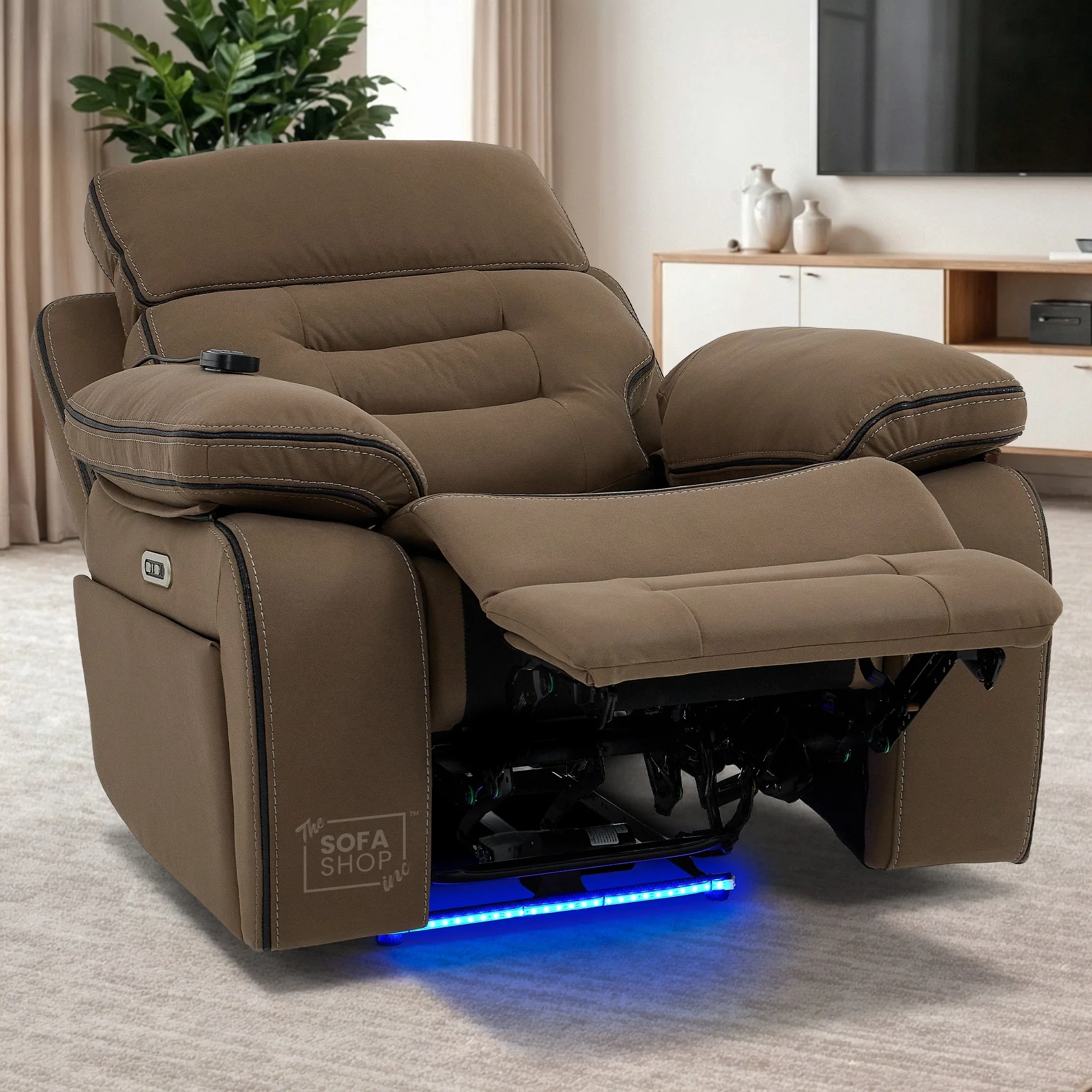 1 Seater Mocha Brown Fabric Electric Recliner Cinema Armchair | Hi-Tech Chair With Vibration Massage, Heated Lumbar & Power Adjustable Headrest | Tuscany | The Sofa Shop - Image 3