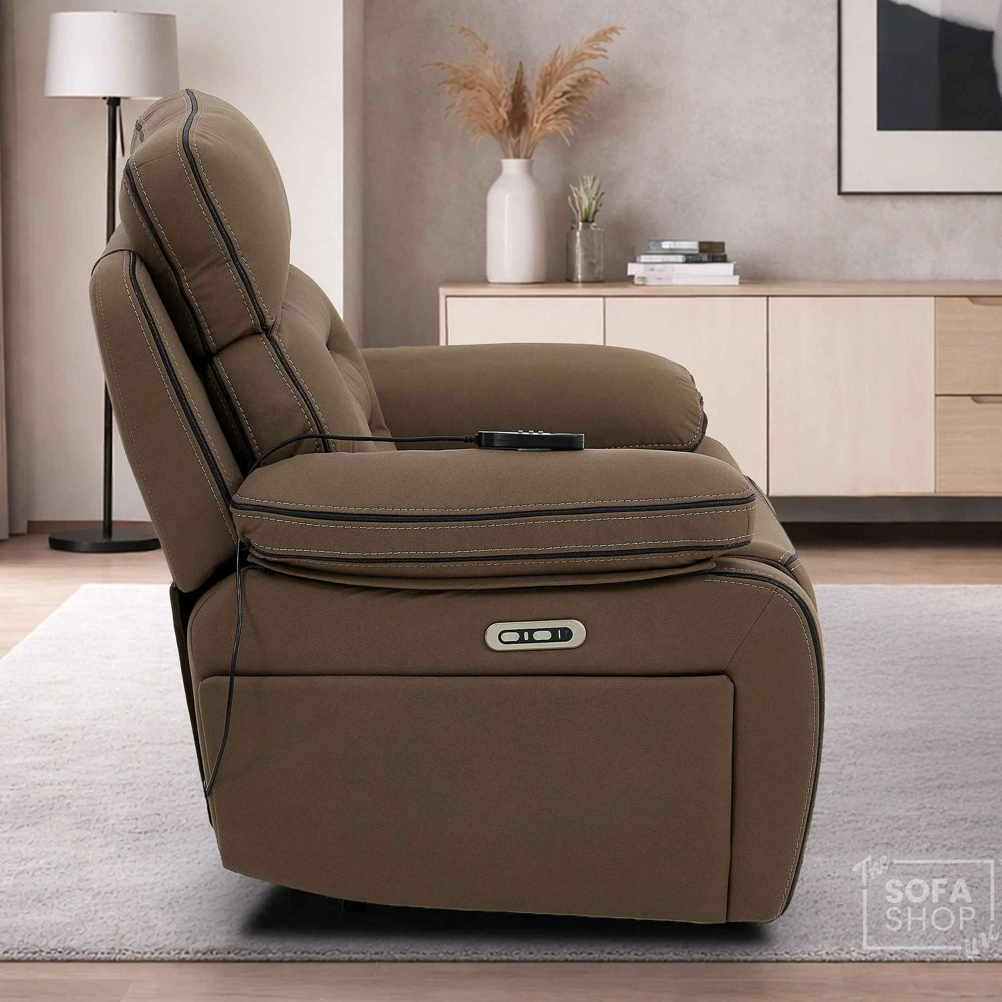 1 Seater Mocha Brown Fabric Electric Recliner Cinema Armchair | Hi-Tech Chair With Vibration Massage, Heated Lumbar & Power Adjustable Headrest | Tuscany | The Sofa Shop - Image 6
