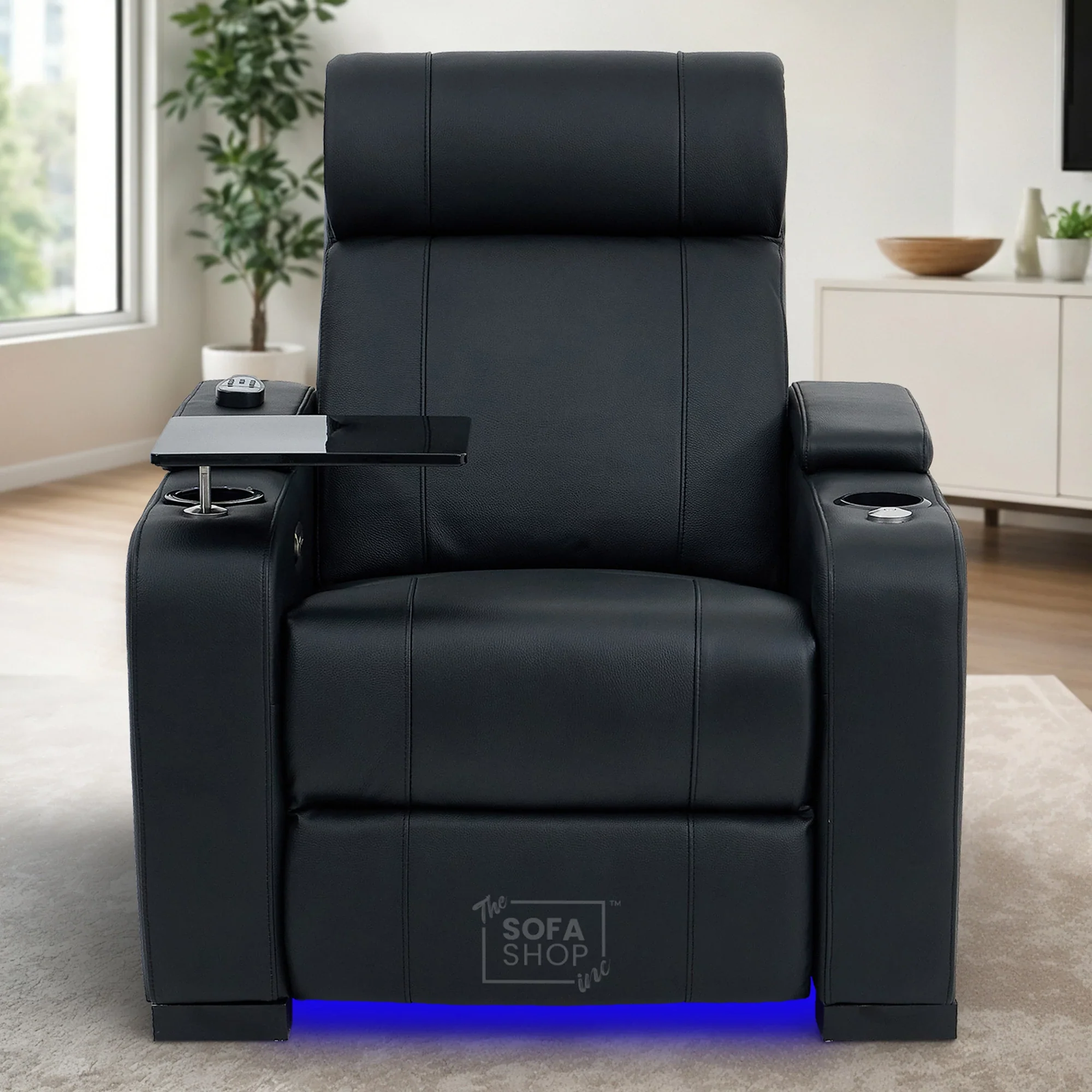 1 Seater Black Genuine Leather Electric Recliner Cinema Chair | Power Seat With Massage, Heat, Cooling Cup Holder & Detachable Tray Table | Rimini | The Sofa Shop - Image 2