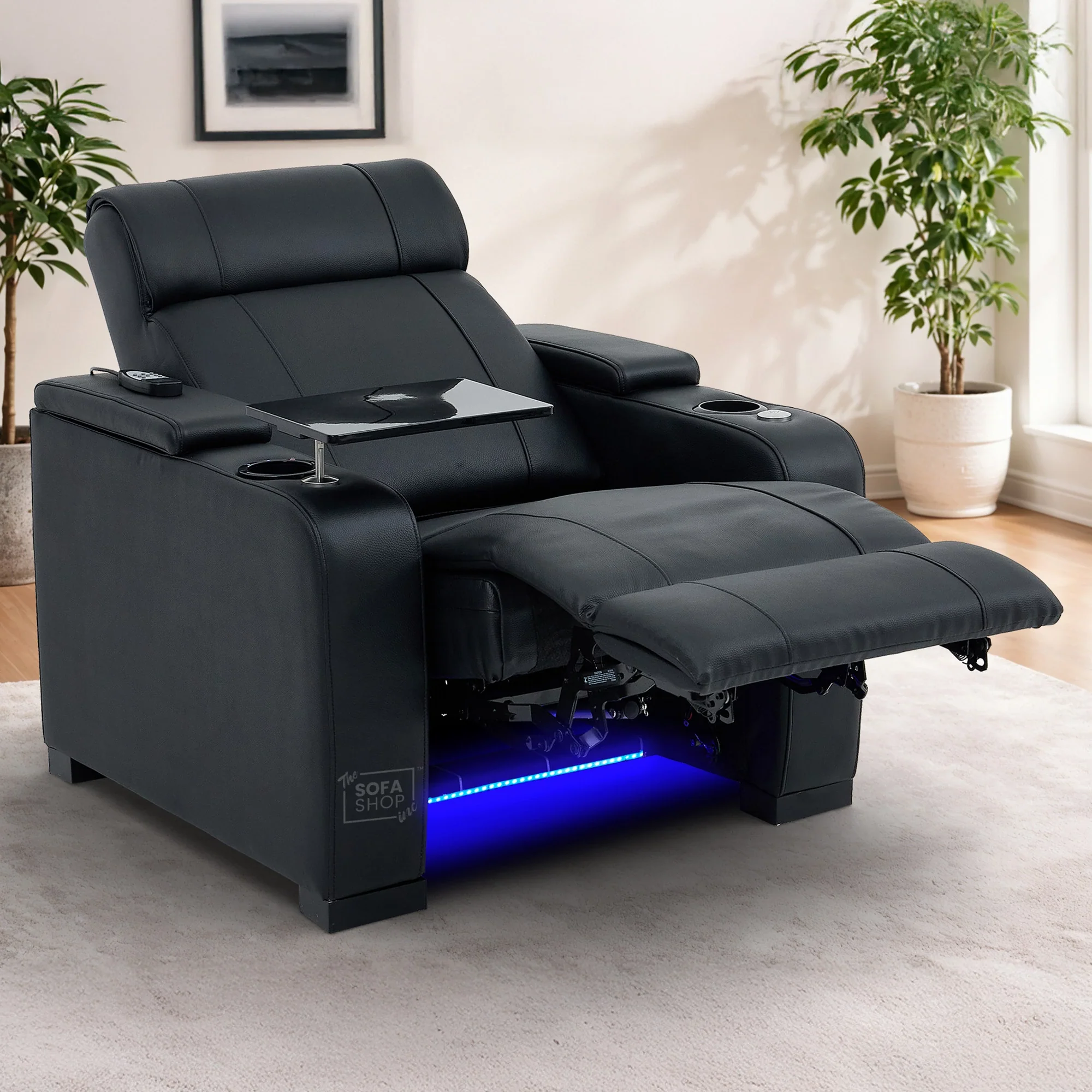 1 Seater Black Genuine Leather Electric Recliner Cinema Chair | Power Seat With Massage, Heat, Cooling Cup Holder & Detachable Tray Table | Rimini | The Sofa Shop - Image 3