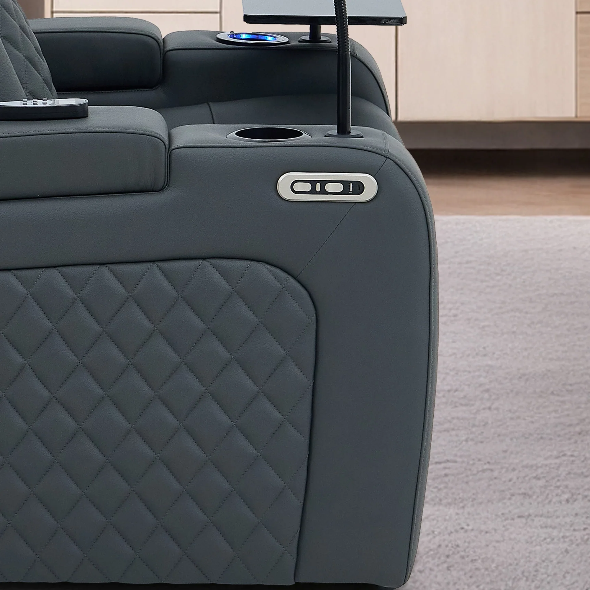 1 Seater Grey Real Leather Electric Recliner Cinema Chair | Hi-Tech Armchair With Vibration Massage, Heated Lumbar, Power Headrest, Cooling + Heating Cup Holders & Power Grommet | Milano | The Sofa Shop - Image 12