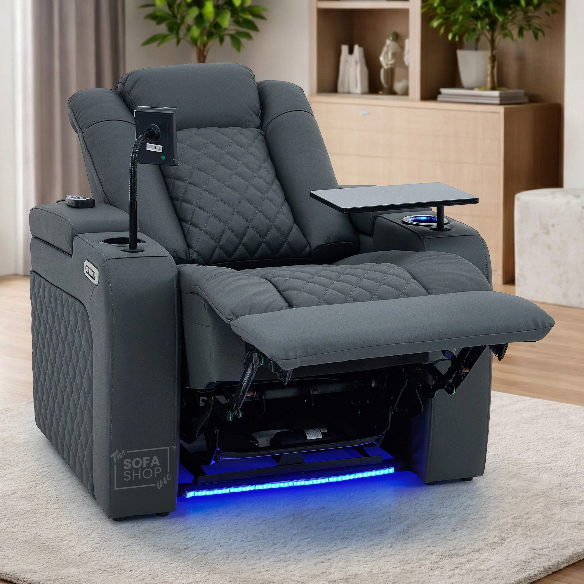 1 Seater Grey Real Leather Electric Recliner Cinema Chair | Hi-Tech Armchair With Vibration Massage, Heated Lumbar, Power Headrest, Cooling + Heating Cup Holders & Power Grommet | Milano | The Sofa Shop - Image 3