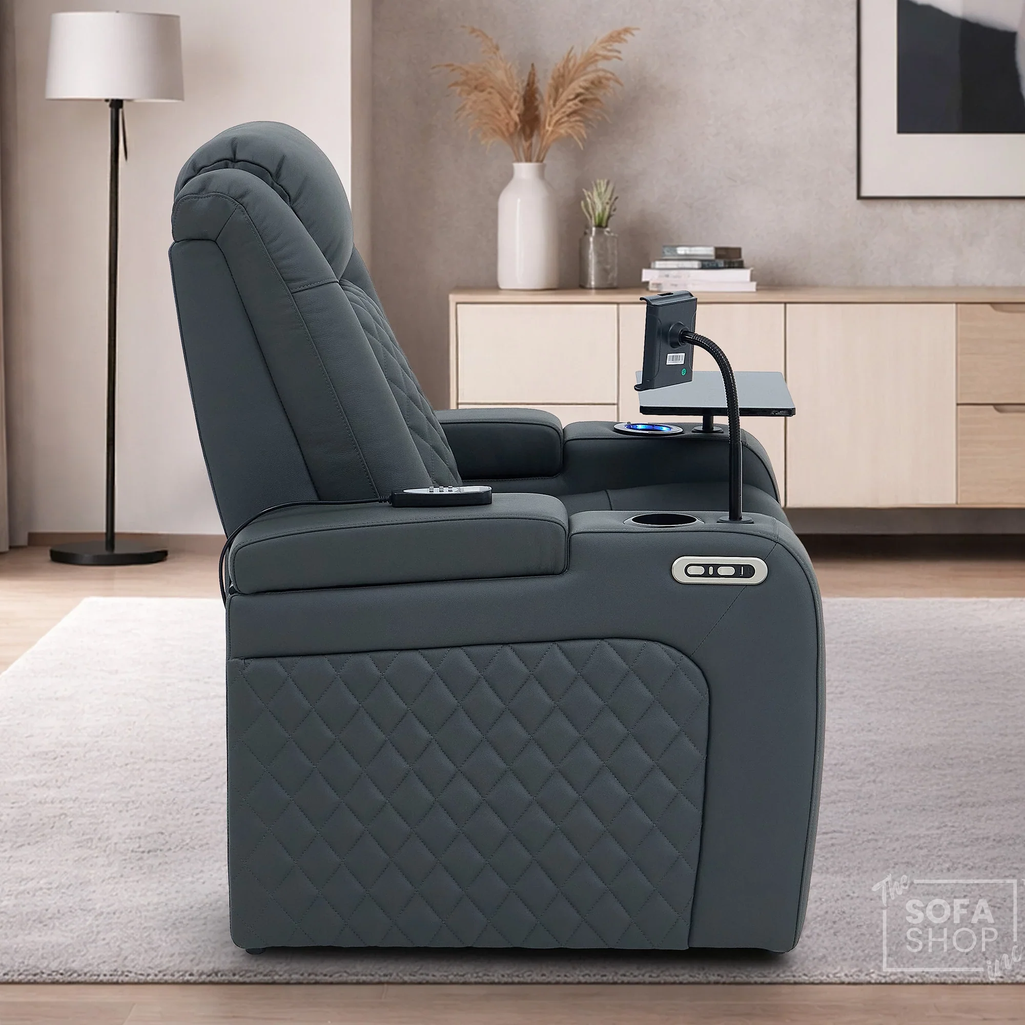 1 Seater Grey Real Leather Electric Recliner Cinema Chair | Hi-Tech Armchair With Vibration Massage, Heated Lumbar, Power Headrest, Cooling + Heating Cup Holders & Power Grommet | Milano | The Sofa Shop - Image 6
