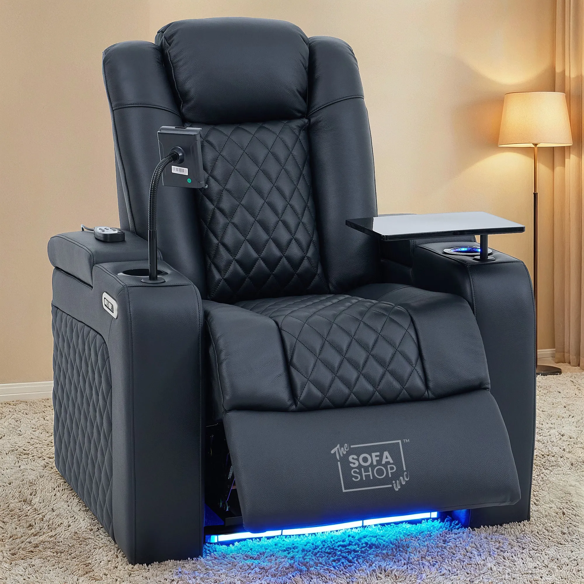 1 Seater Black Real Leather Electric Recliner Cinema Chair | Power Recliner Armchair With Vibration Massage + Heating Lumbar + Power Headrest + Heating & Cooling Cup Holder, Power Grommet | Milano | The Sofa Shop