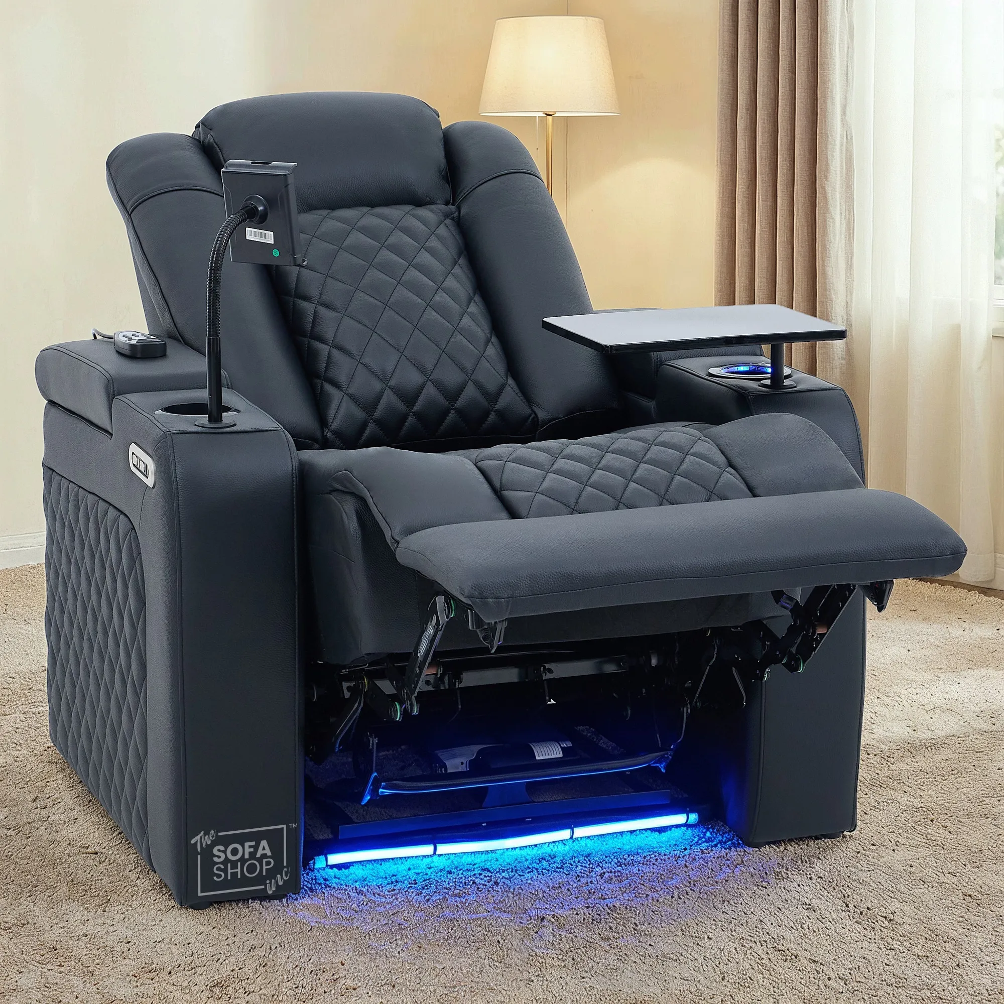 1 Seater Black Real Leather Electric Recliner Cinema Chair | Power Recliner Armchair With Vibration Massage + Heating Lumbar + Power Headrest + Heating & Cooling Cup Holder, Power Grommet | Milano | The Sofa Shop - Image 3
