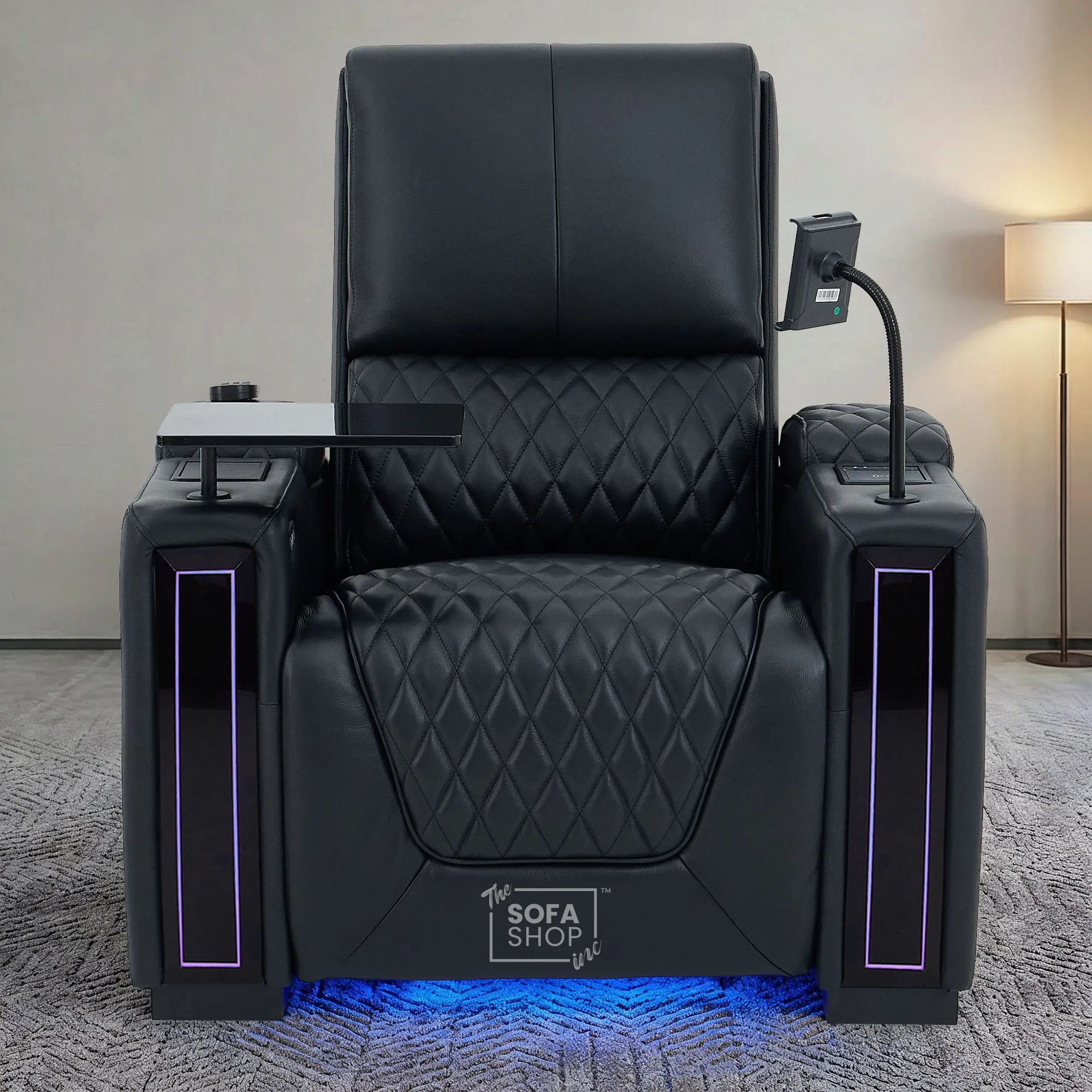 1 Seater Black Real Leather Electric Recliner Cinema Armchair | Hi-Tech Armchair With Vibration Massage & Heated Lumbar, Cooler Cup Holder, Power Grommet, Power Headrest | Assisi | The Sofa Shop - Image 2