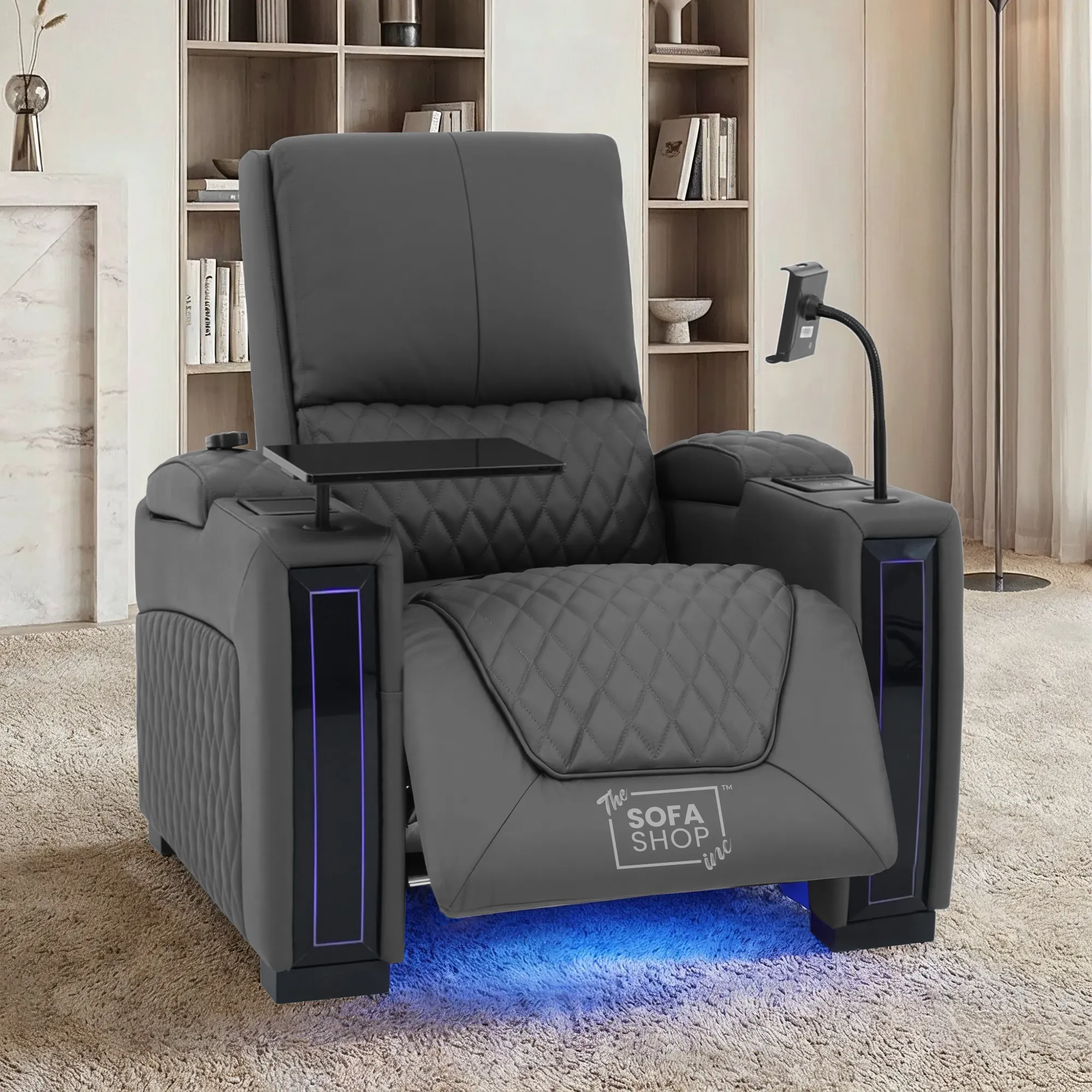 1 Seater Grey Real Leather Electric Recliner Cinema Chair | Recliner Armchair With Vibration Massage, Heated Lumbar And Cooling Cup Holder & Wireless Charging | Assisi | The Sofa Shop