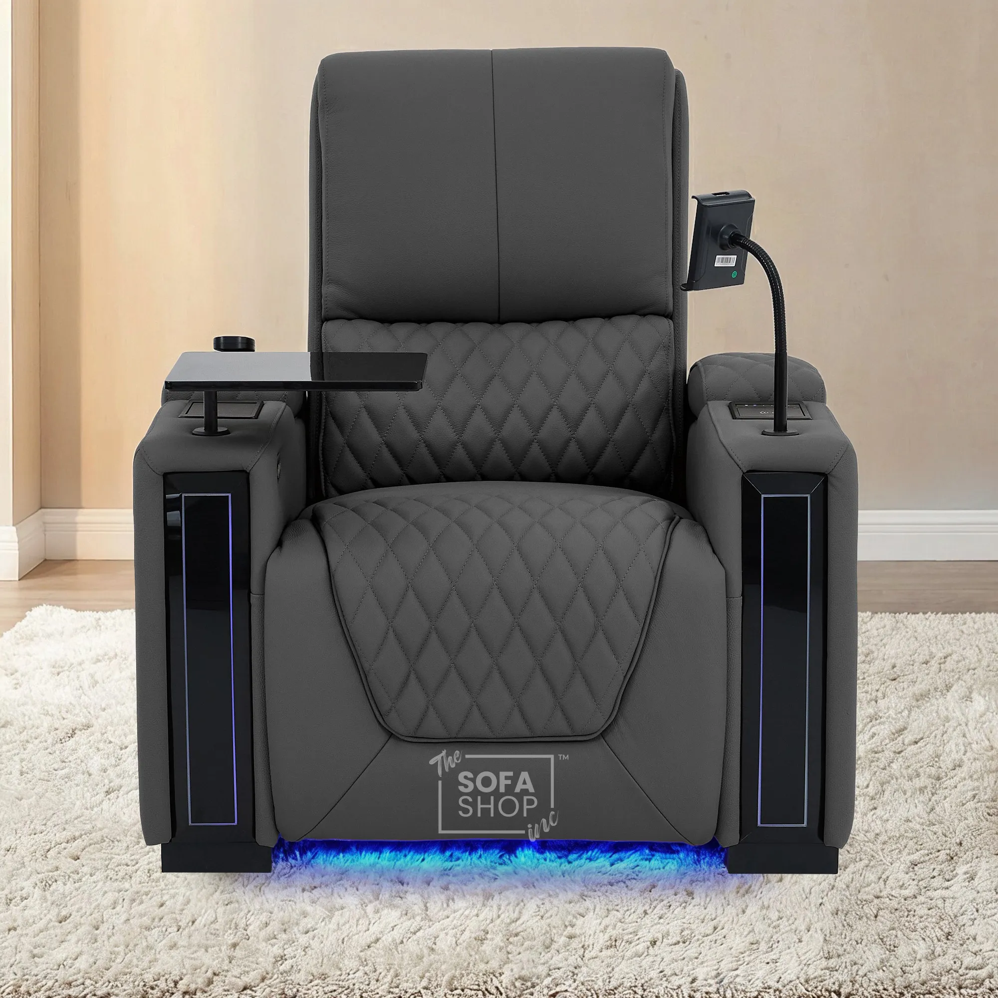 1 Seater Grey Real Leather Electric Recliner Cinema Chair | Recliner Armchair With Vibration Massage, Heated Lumbar And Cooling Cup Holder & Wireless Charging | Assisi | The Sofa Shop - Image 2