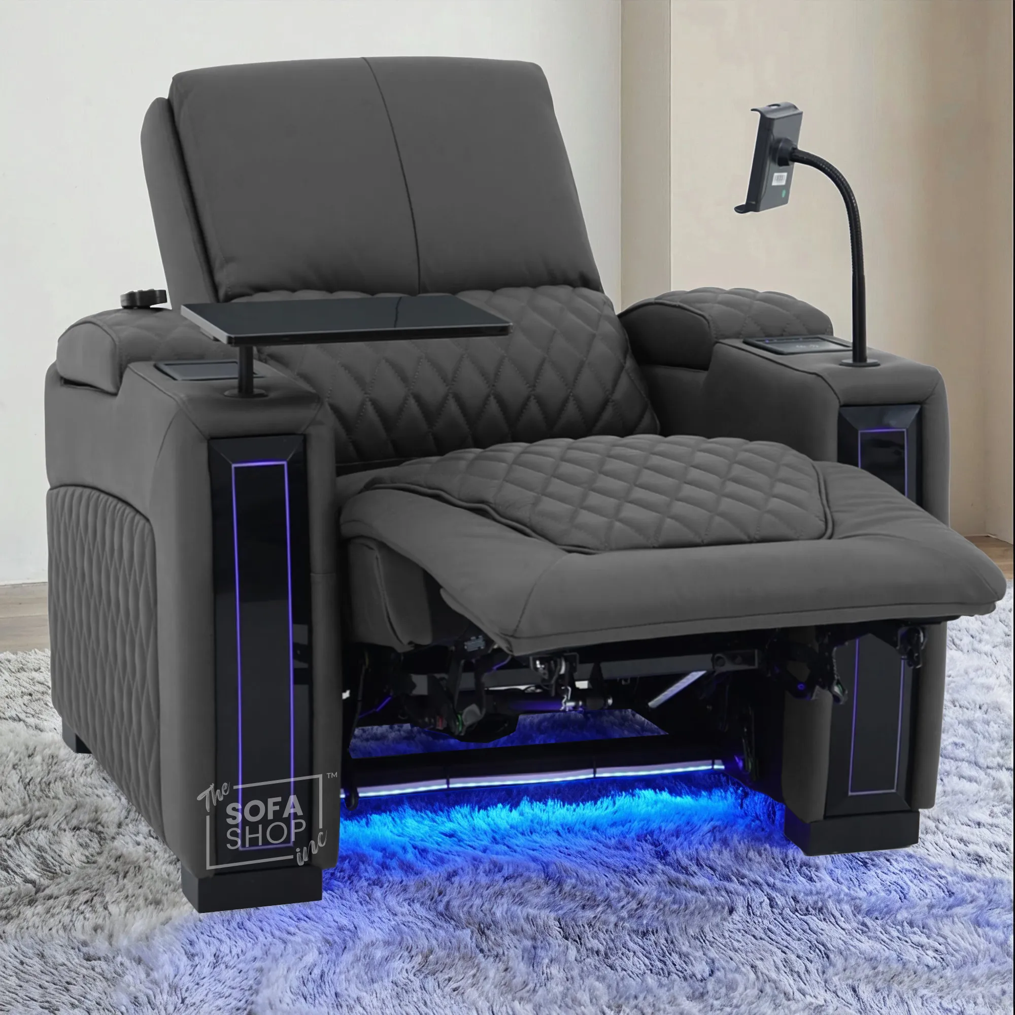 1 Seater Grey Real Leather Electric Recliner Cinema Chair | Recliner Armchair With Vibration Massage, Heated Lumbar And Cooling Cup Holder & Wireless Charging | Assisi | The Sofa Shop - Image 3