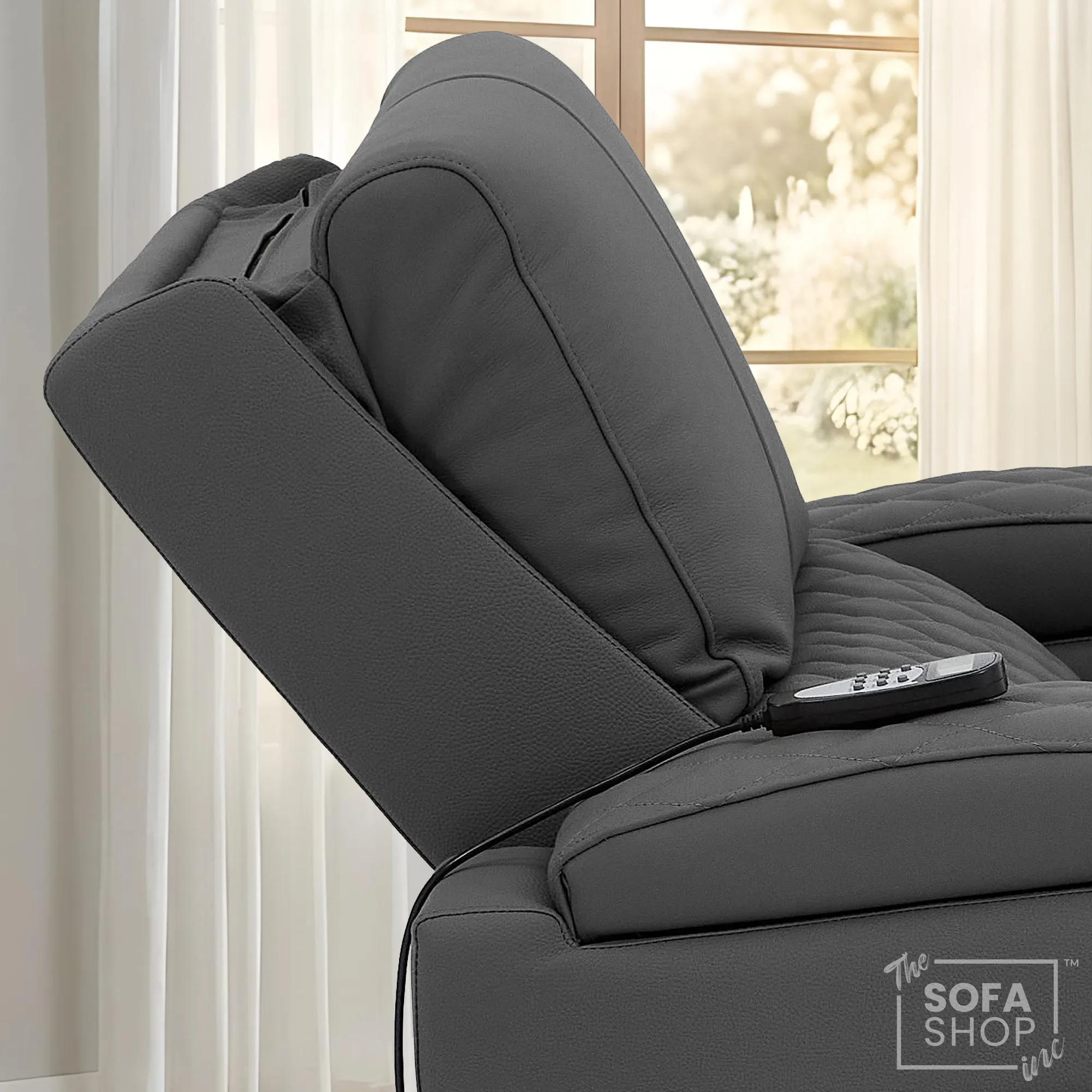 1 Seater Grey Real Leather Electric Recliner Cinema Chair | Recliner Armchair With Vibration Massage, Heated Lumbar And Cooling Cup Holder & Wireless Charging | Assisi | The Sofa Shop - Image 5