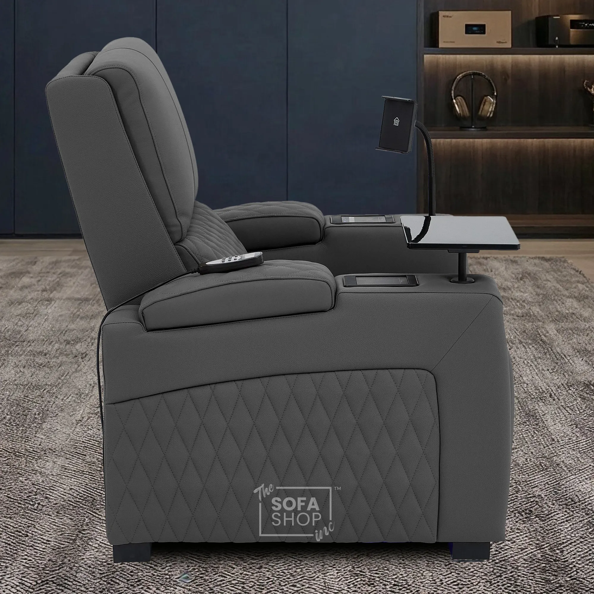 1 Seater Grey Real Leather Electric Recliner Cinema Chair | Recliner Armchair With Vibration Massage, Heated Lumbar And Cooling Cup Holder & Wireless Charging | Assisi | The Sofa Shop - Image 6