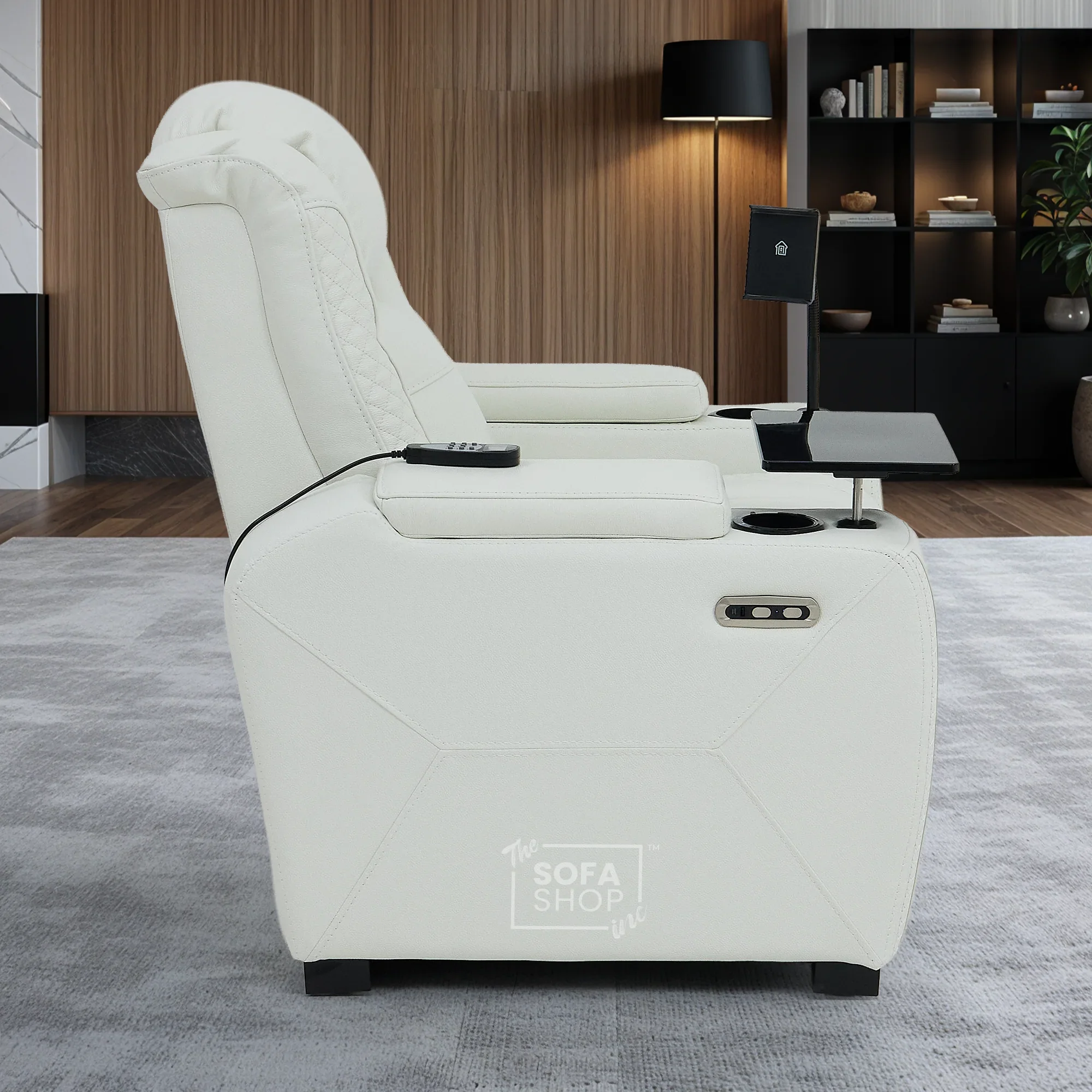 1 Seater Real Leather Electric Recliner Cinema Chair in White | Massage & Heat, Tray Table, Power Grommet & Cooling Cup Holder | Napoli | The Sofa Shop - Image 6