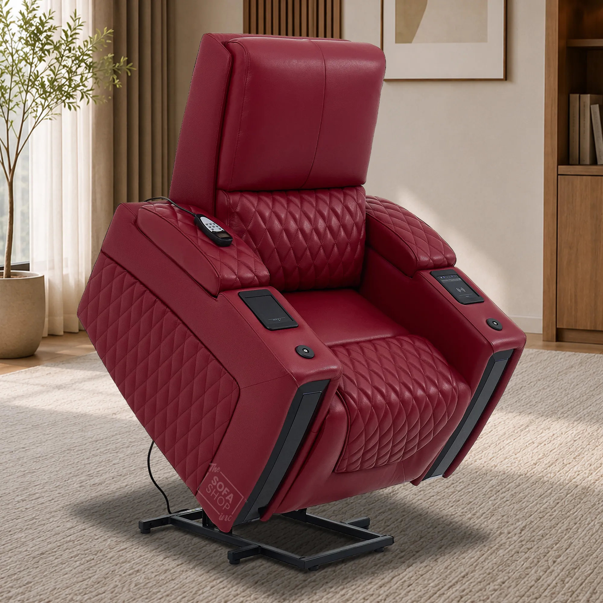 Riser Recliner Chair in Red Real Leather | Hi-Tech Armchair with Dual Motor Lift + Vibration Massage+ Heated Lumbar + Cooling, Heating Cupholders + Power Headrest | Assisi | The Sofa Shop - Image 4