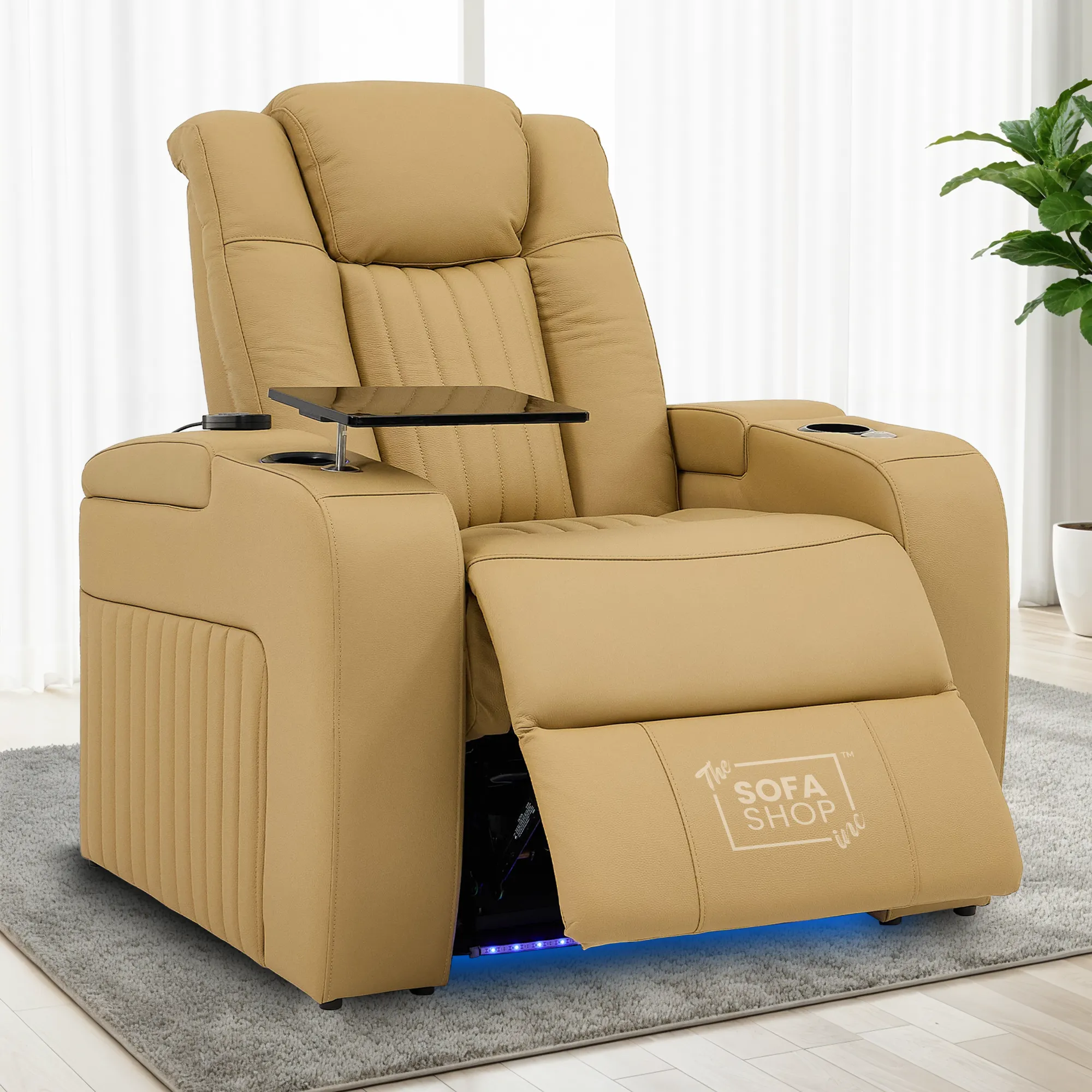 1 Seater Tan Real Leather Electric Recliner Cinema Chair | Recliner Sofa With 8-Point Massage, Power Headrest, Detachable Food Tray Table & LED Cup Holder | Capri | The Sofa Shop