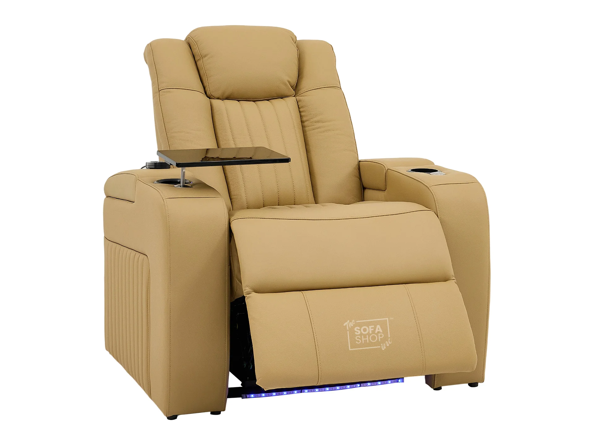 1 Seater Tan Real Leather Electric Recliner Cinema Chair | Recliner Sofa With 8-Point Massage, Power Headrest, Detachable Food Tray Table & LED Cup Holder | Capri | The Sofa Shop - Image 17