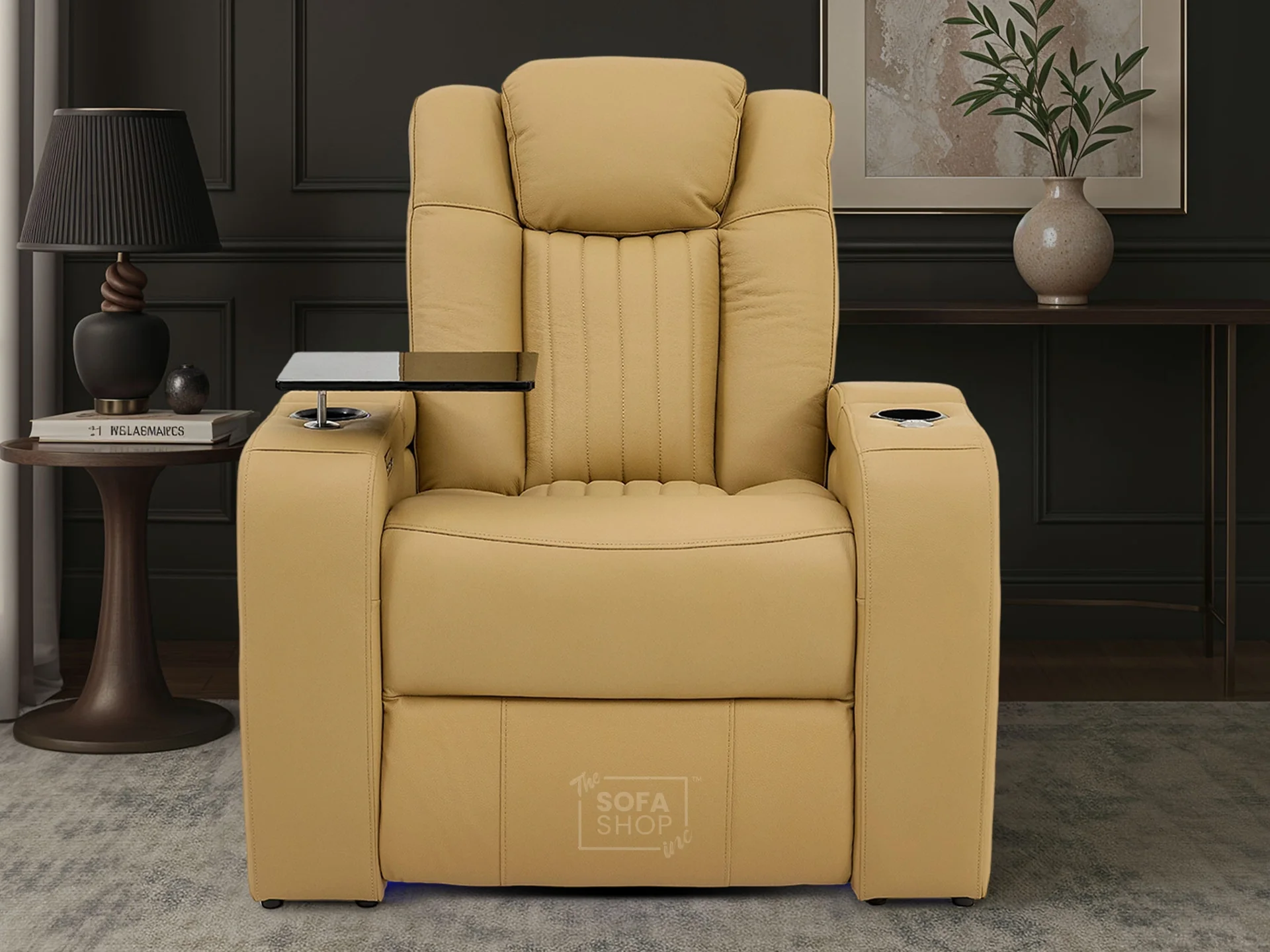 1 Seater Tan Real Leather Electric Recliner Cinema Chair | Recliner Sofa With 8-Point Massage, Power Headrest, Detachable Food Tray Table & LED Cup Holder | Capri | The Sofa Shop - Image 2