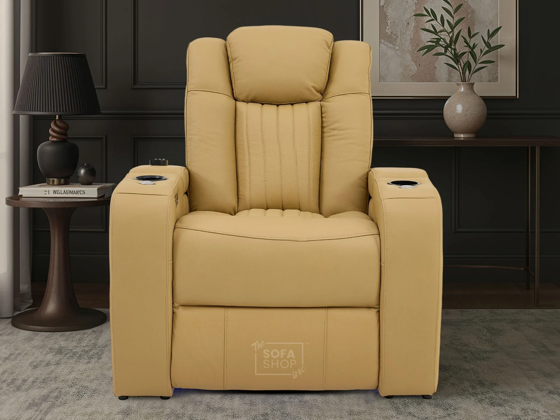 1 Seater Tan Real Leather Electric Recliner Cinema Chair | Recliner Sofa With 8-Point Massage, Power Headrest, Detachable Food Tray Table & LED Cup Holder | Capri | The Sofa Shop - Image 3