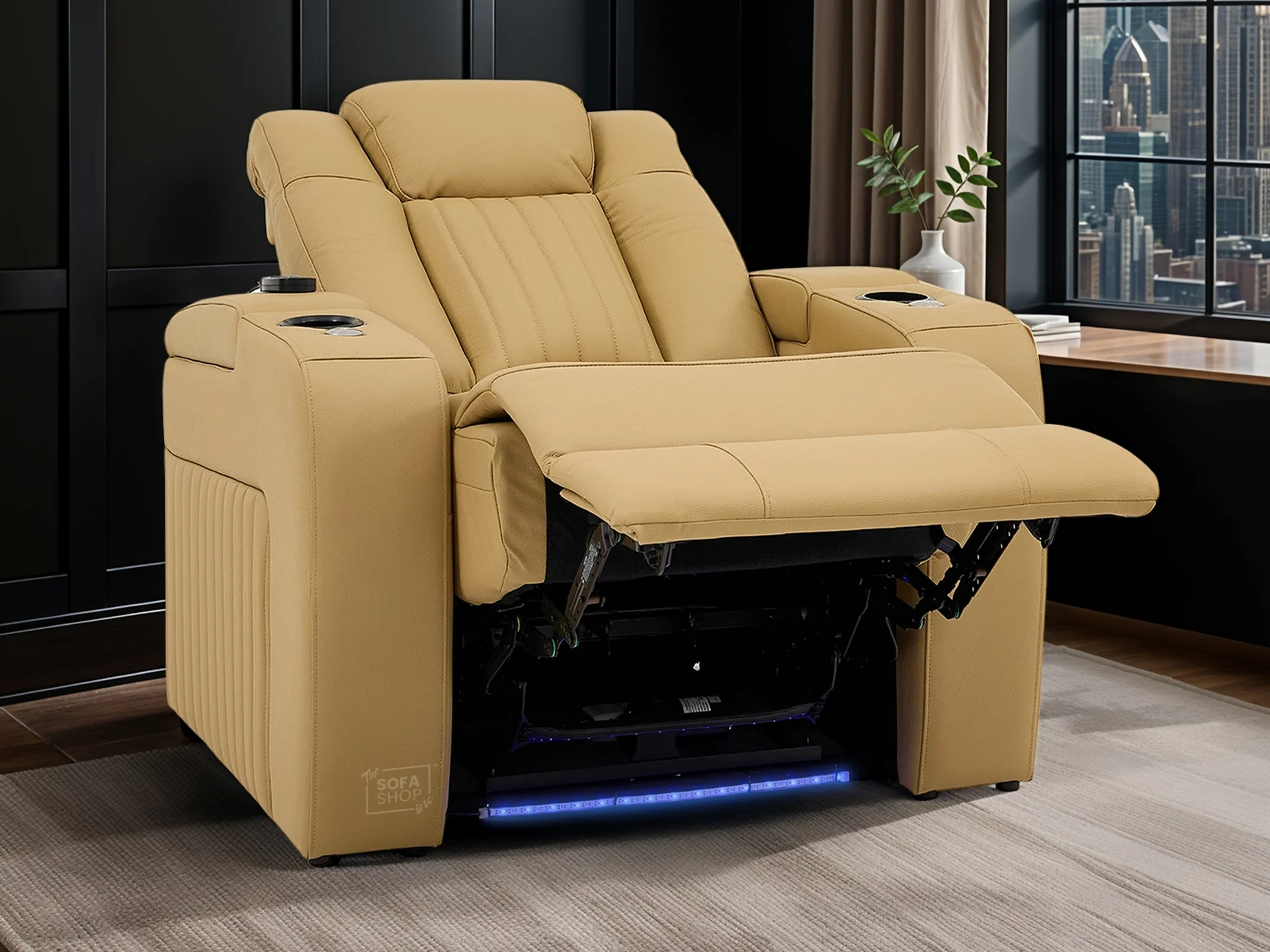 1 Seater Tan Real Leather Electric Recliner Cinema Chair | Recliner Sofa With 8-Point Massage, Power Headrest, Detachable Food Tray Table & LED Cup Holder | Capri | The Sofa Shop - Image 4