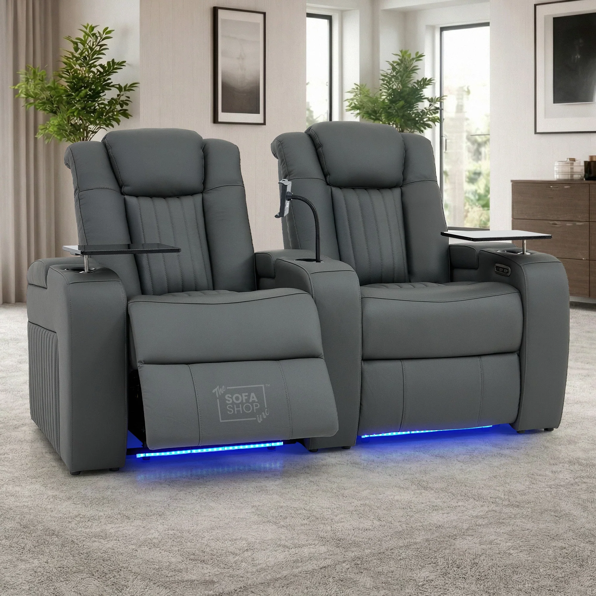 Real Leather 2+1 Electric Recliner Cinema Sofa Set in Grey | 2 Piece Sofa Set with Massage, Heating, USB-C Ports, Cup Holders & Storage Boxes | Capri | The Sofa Shop - Image 2