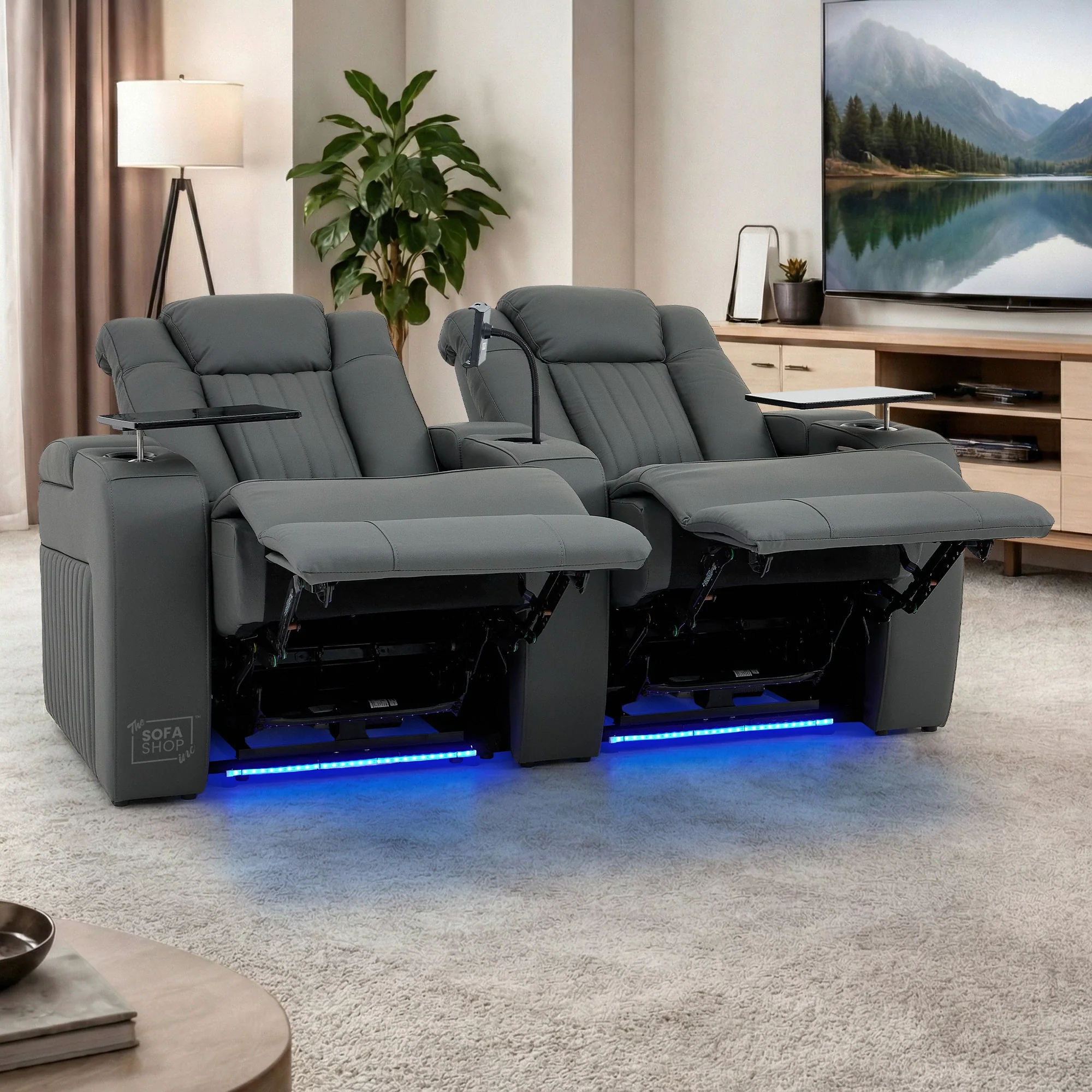 Real Leather 2+1 Electric Recliner Cinema Sofa Set in Grey | 2 Piece Sofa Set with Massage, Heating, USB-C Ports, Cup Holders & Storage Boxes | Capri | The Sofa Shop - Image 6