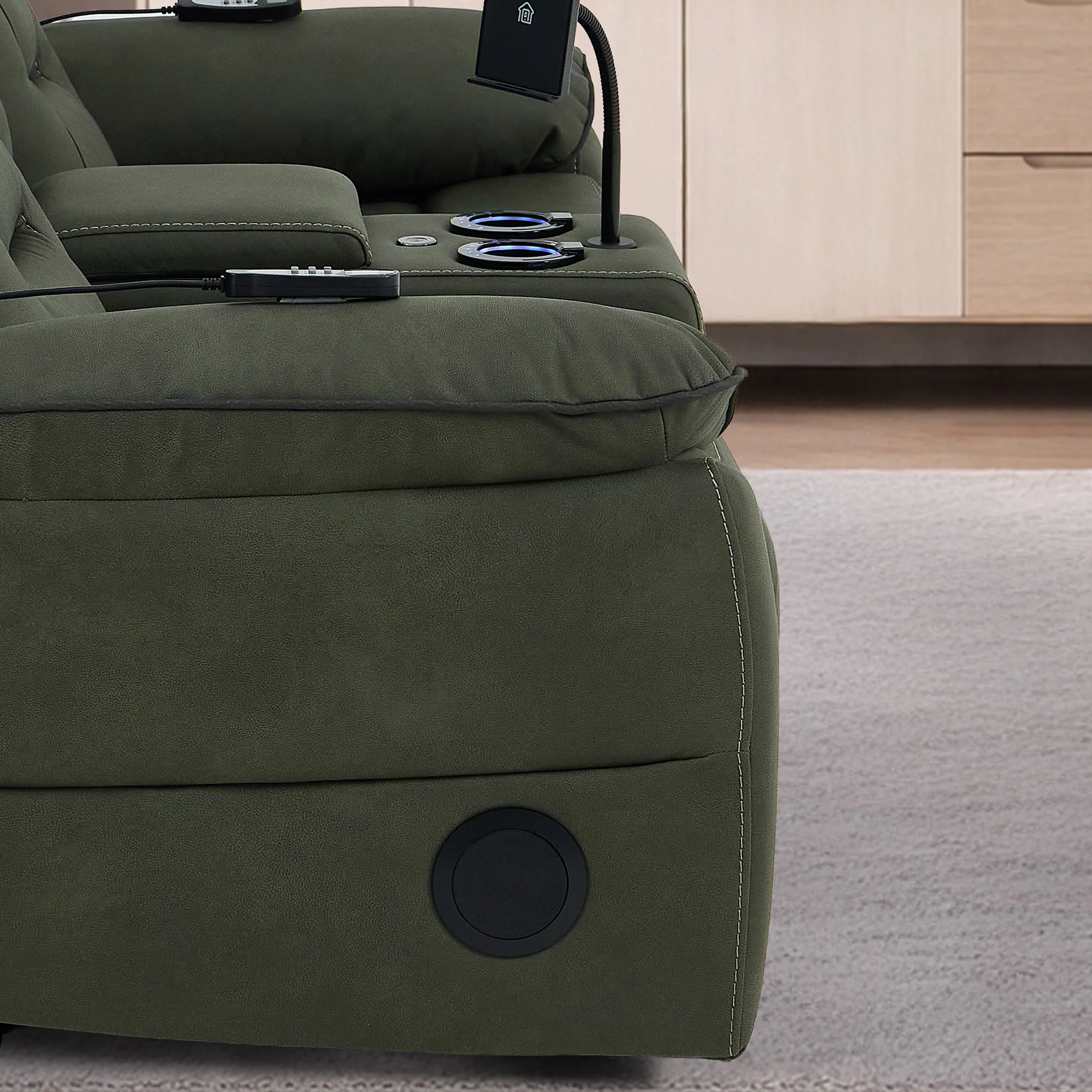 Green Fabric 2 Seater Electric Recliner Sofa | Hi-Tech Couch With Vibration Massage, Heated Lumbar, Multi-Link Bluetooth Speaker, Cooling & heating Cup Holders & Power Headrest | Florence | The Sofa Shop - Image 16