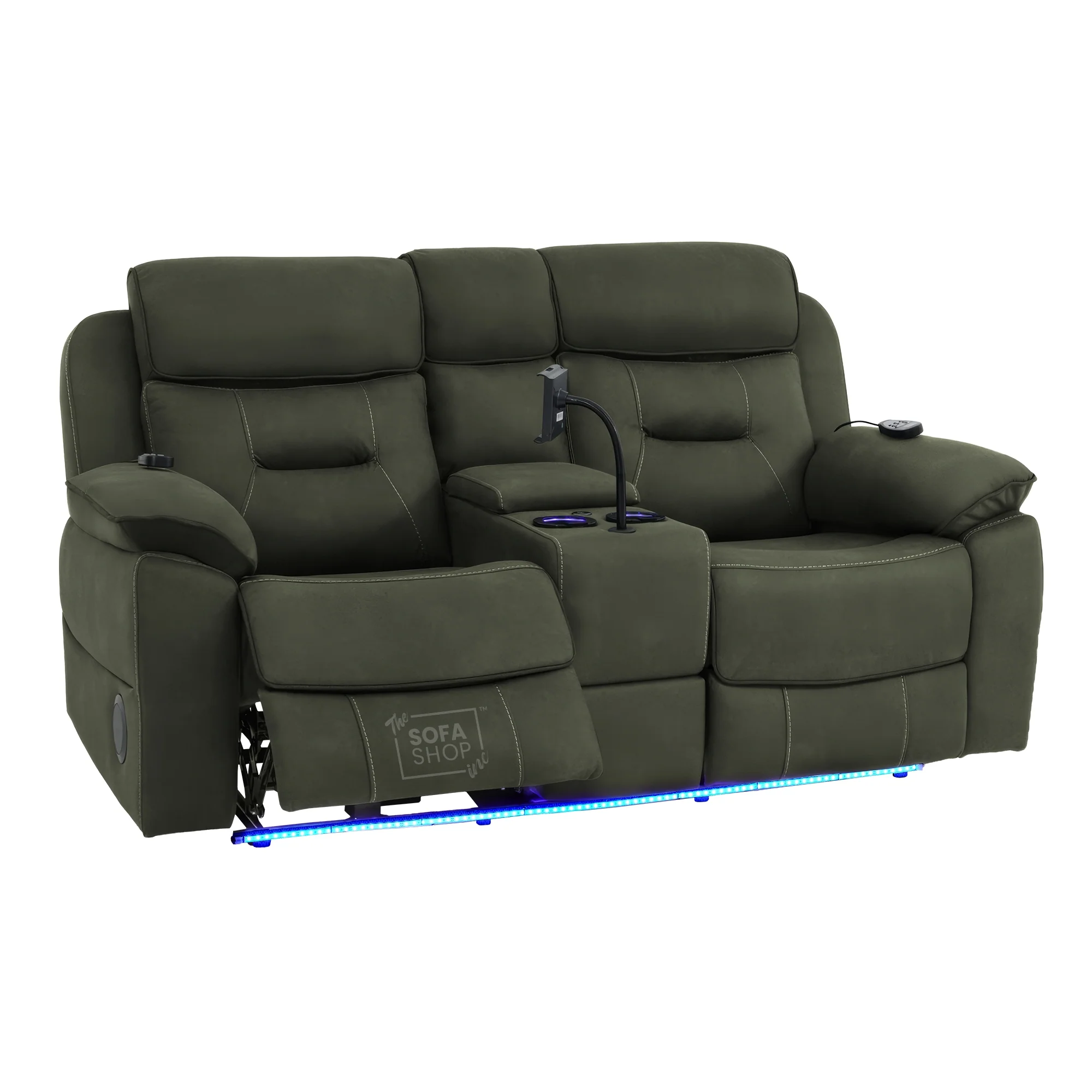 Green Fabric 2 Seater Electric Recliner Sofa | Hi-Tech Couch With Vibration Massage, Heated Lumbar, Multi-Link Bluetooth Speaker, Cooling & heating Cup Holders & Power Headrest | Florence | The Sofa Shop - Image 18