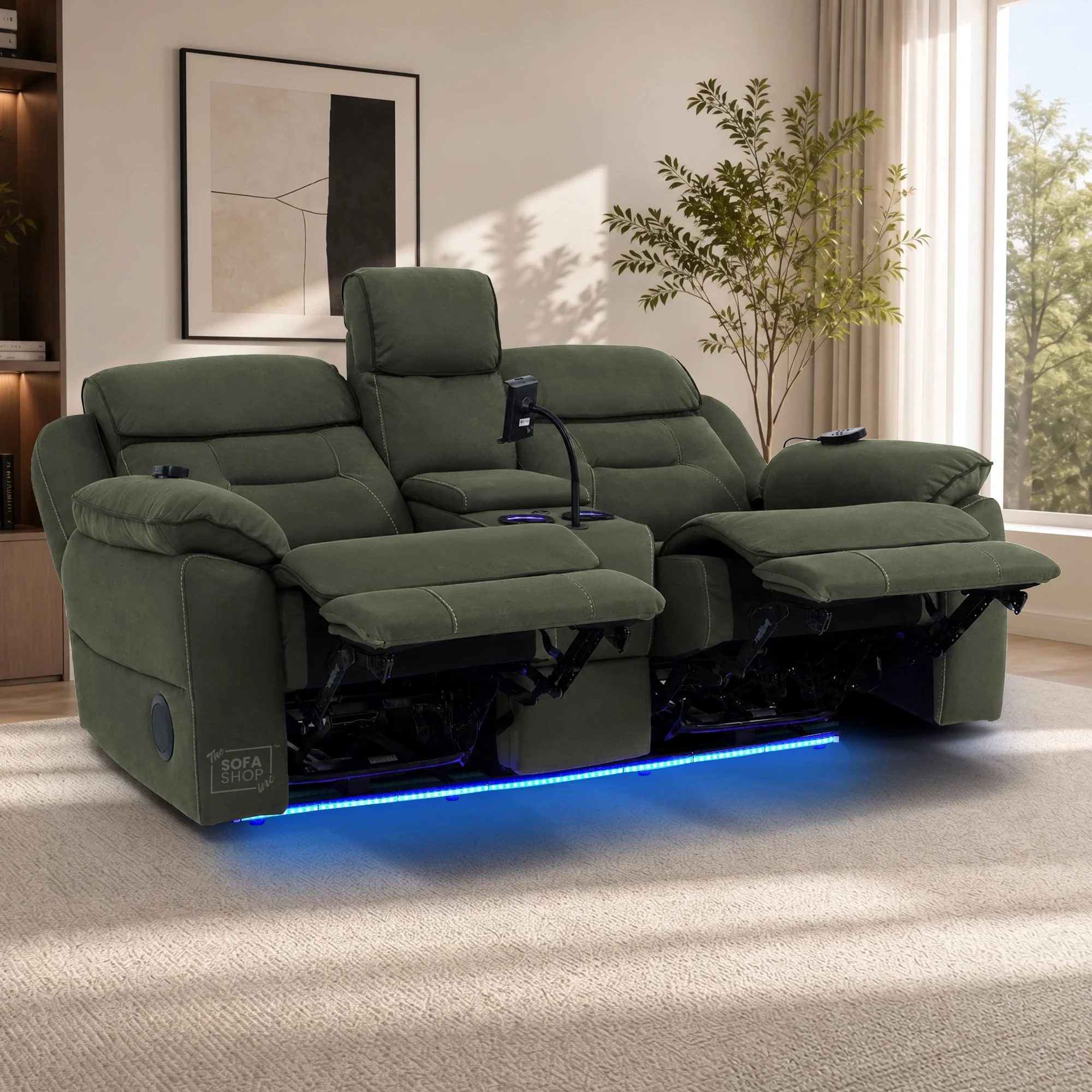 Green Fabric 2 Seater Electric Recliner Sofa | Hi-Tech Couch With Vibration Massage, Heated Lumbar, Multi-Link Bluetooth Speaker, Cooling & heating Cup Holders & Power Headrest | Florence | The Sofa Shop - Image 3