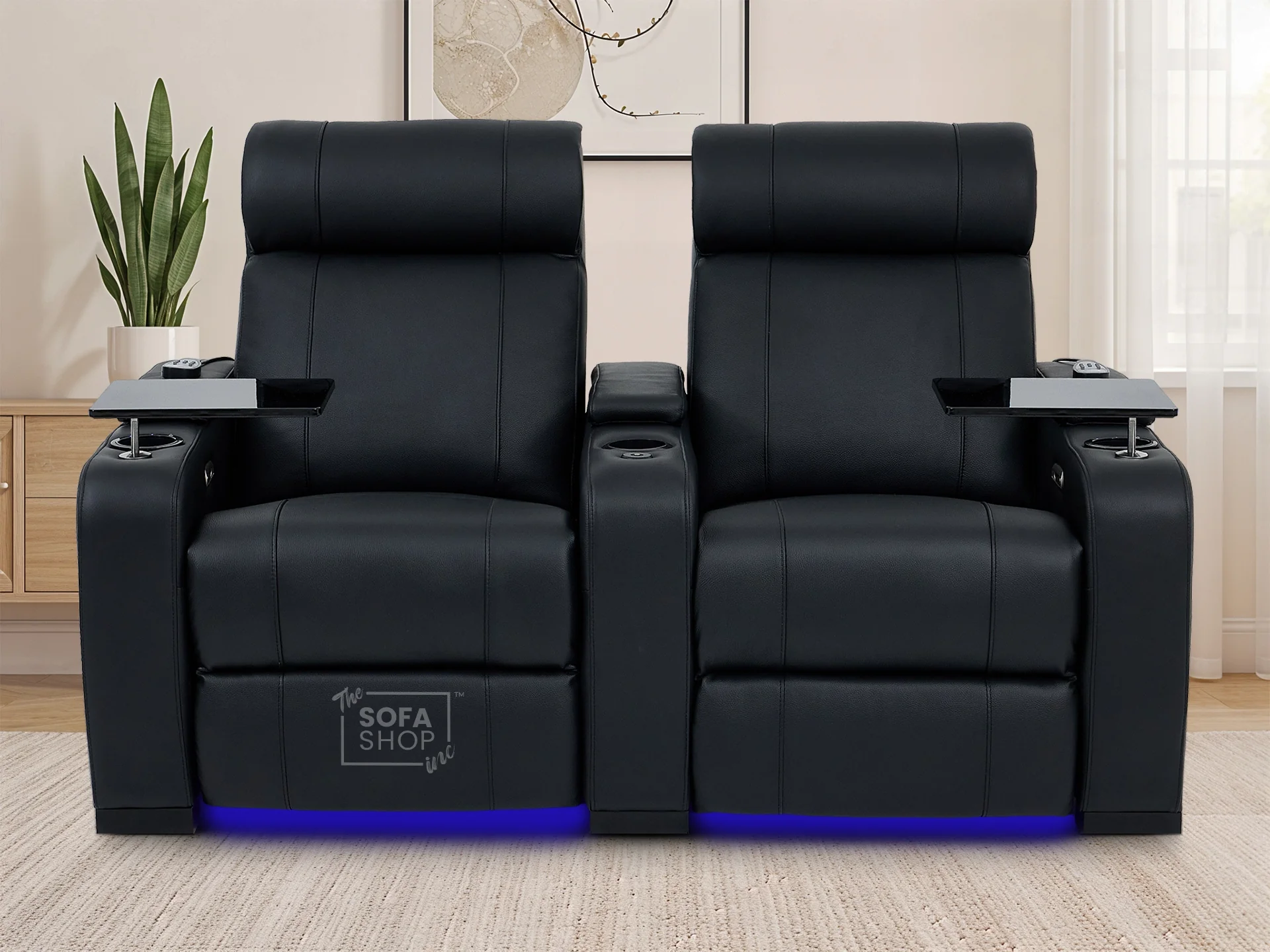 2 Seater Real Leather Electric Recliner Cinema Sofa in Black | Hi-Tech Cinema Sofa With Massage, Heated Lumbar, Power Grommet, Console & Chilled Cupholders | Rimini | The Sofa Shop - Image 2
