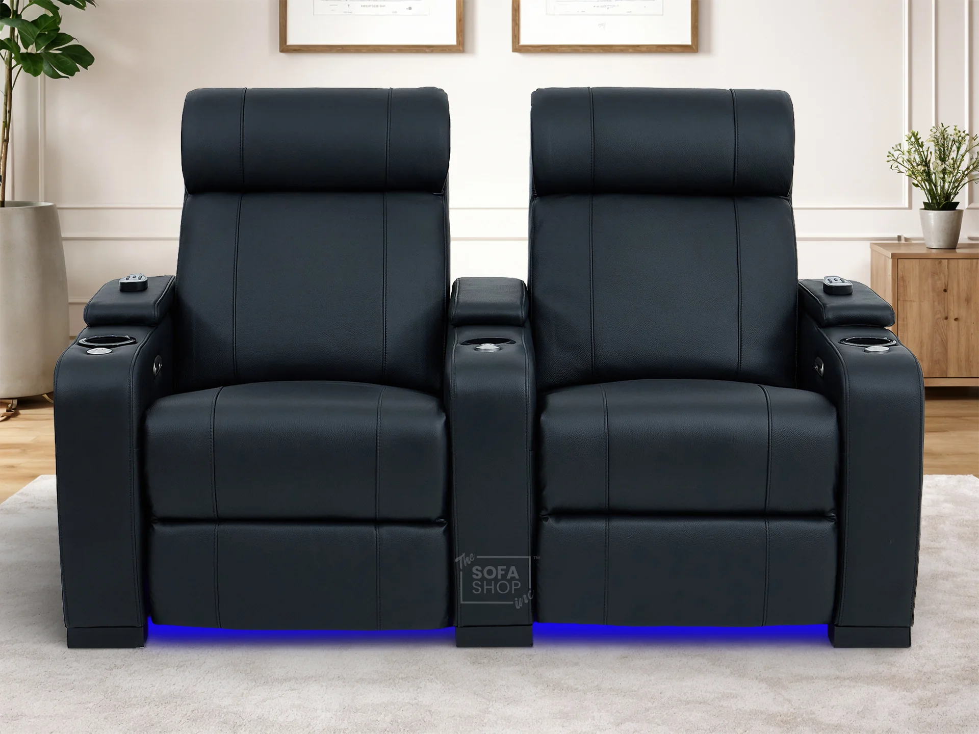 2 Seater Real Leather Electric Recliner Cinema Sofa in Black | Hi-Tech Cinema Sofa With Massage, Heated Lumbar, Power Grommet, Console & Chilled Cupholders | Rimini | The Sofa Shop - Image 4