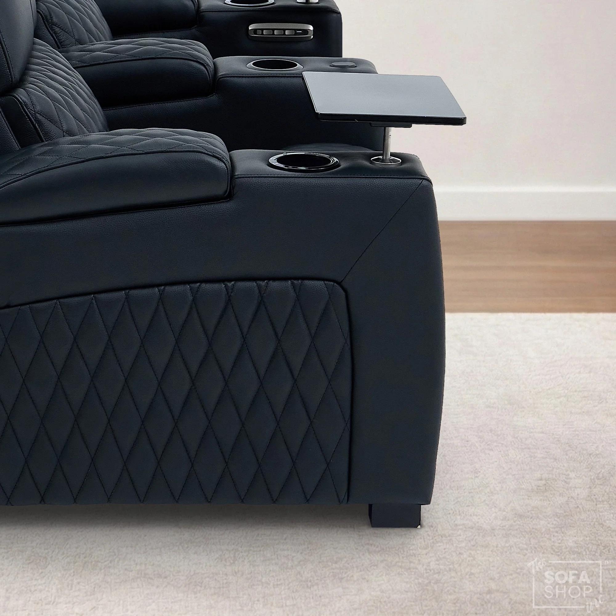 2 Seater Cinema Sofa in Black Real Leather | Luxury Theatre & Home Cinema Seating | Electric Recliner With Cooling Cup Holders + Lumbar Support | USB Charging + LED Lights | Assisi - Image 16
