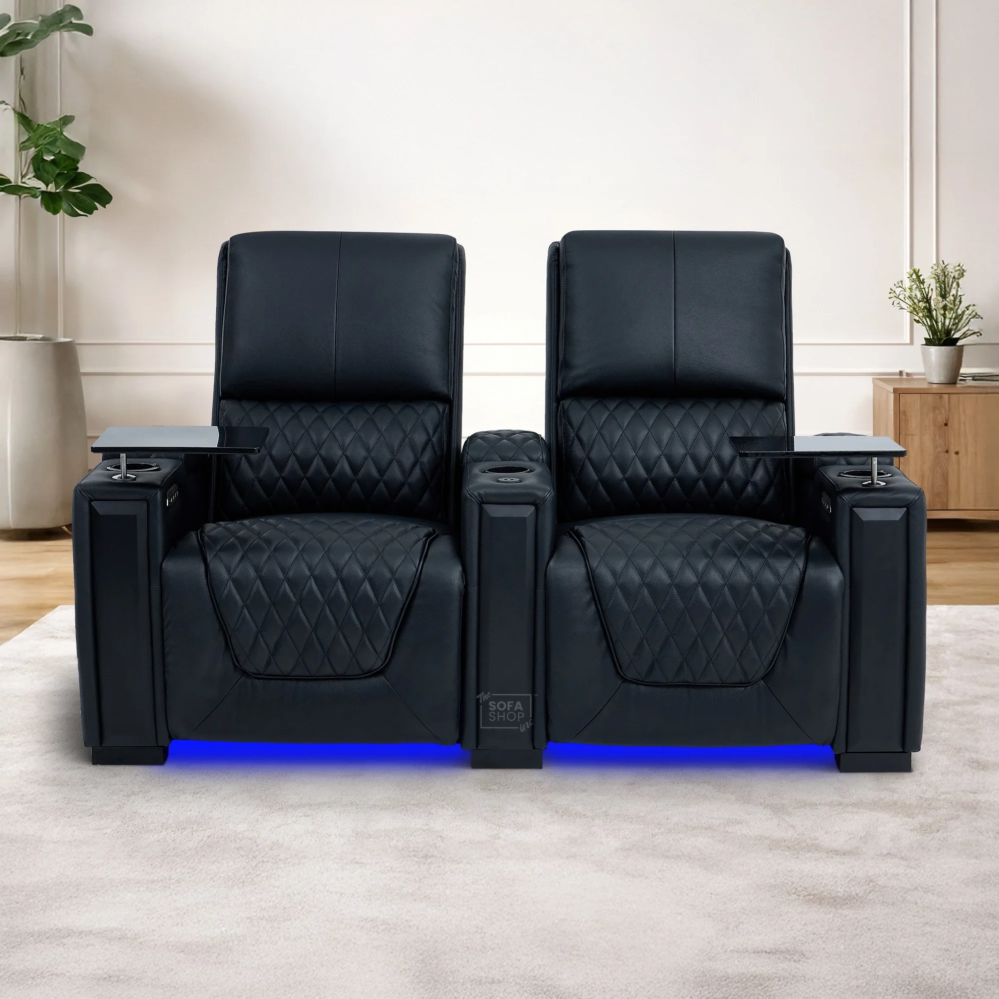 2 Seater Cinema Sofa in Black Real Leather | Luxury Theatre & Home Cinema Seating | Electric Recliner With Cooling Cup Holders + Lumbar Support | USB Charging + LED Lights | Assisi - Image 3