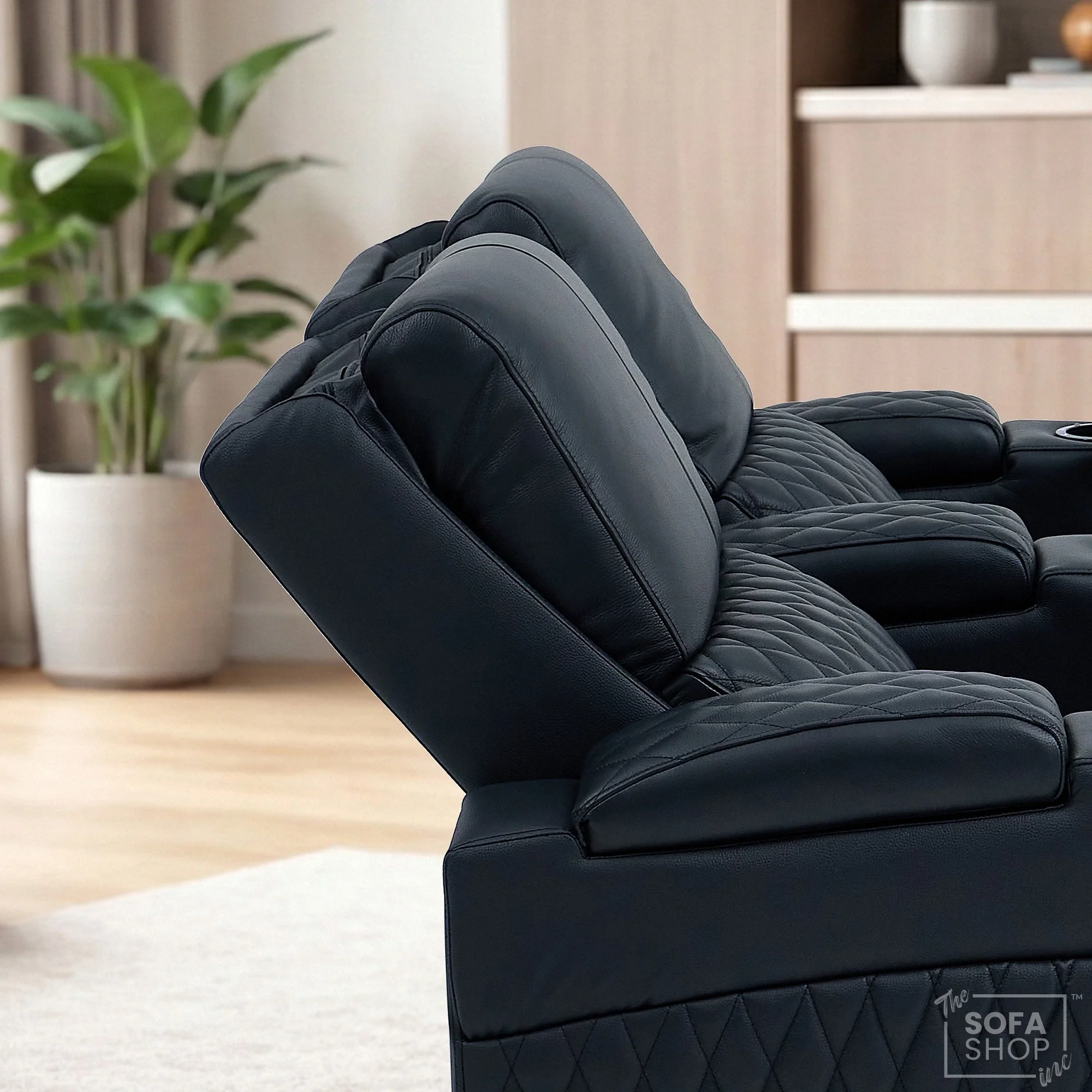 2 Seater Cinema Sofa in Black Real Leather | Luxury Theatre & Home Cinema Seating | Electric Recliner With Cooling Cup Holders + Lumbar Support | USB Charging + LED Lights | Assisi - Image 5
