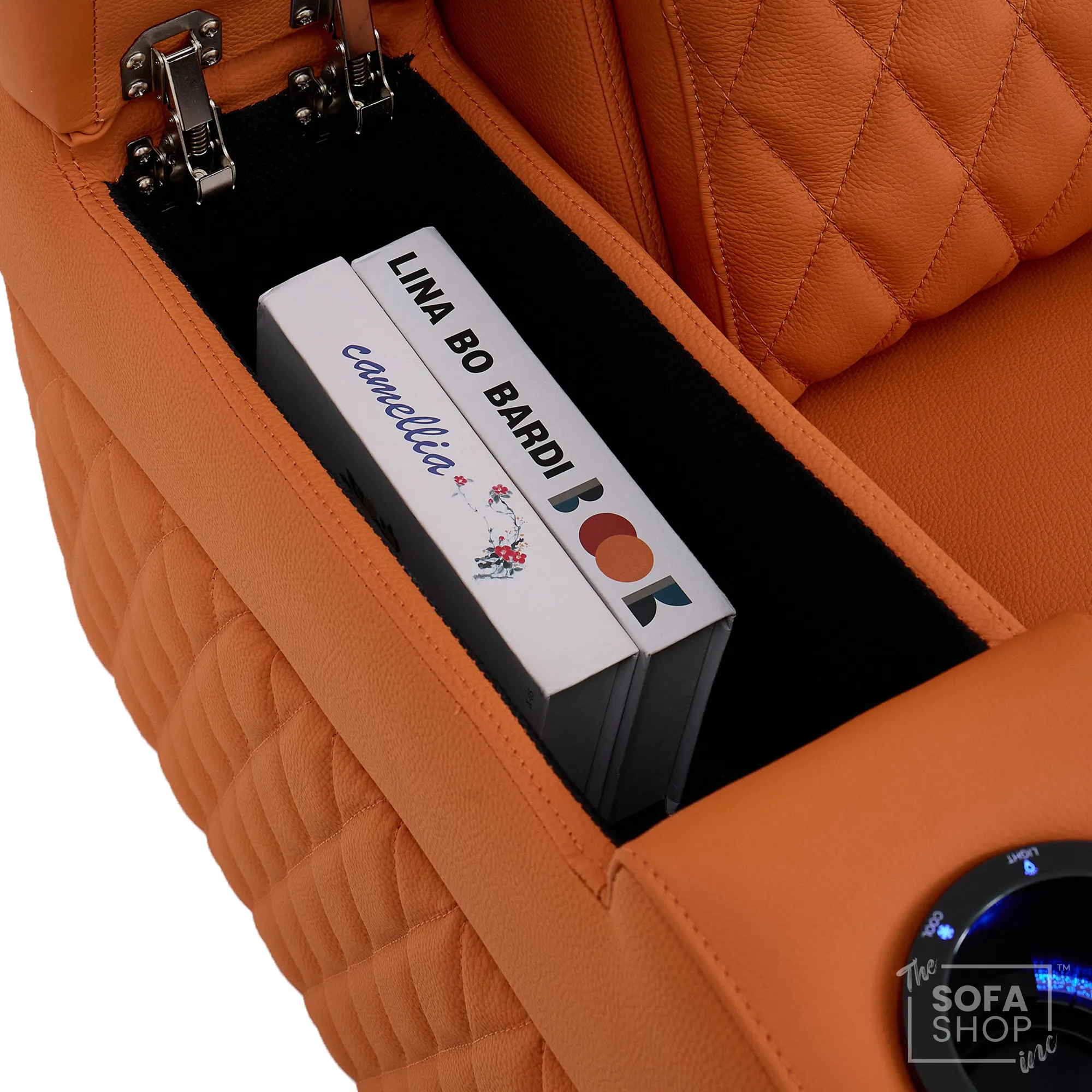 2 Seater Cinema Sofa in Orange Real Leather | Luxury Theatre & Home Cinema Seating With Electric Recliner With Cooling Cup Holders + Lumbar Support | USB Charging + LED Lights | Assisi - Image 17