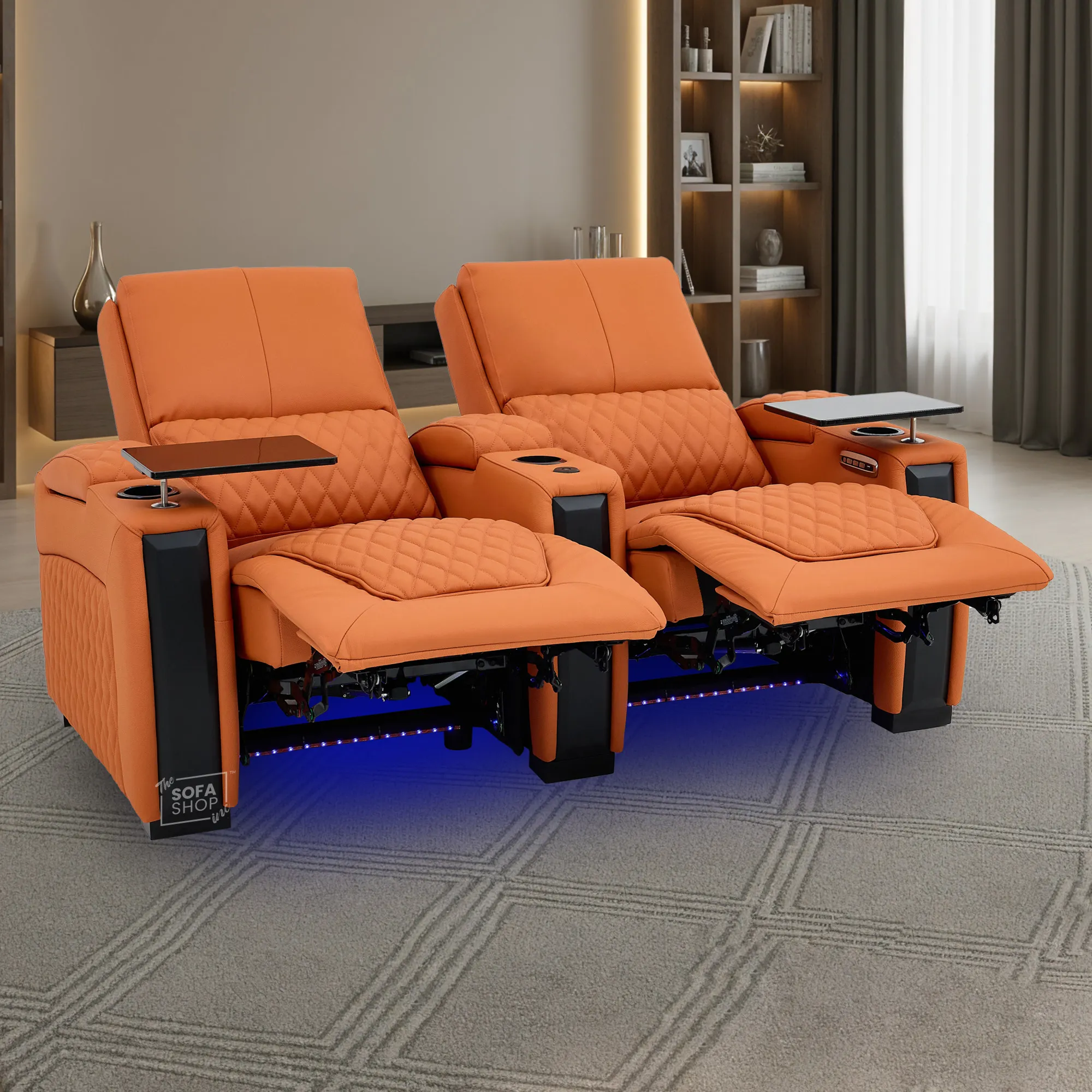 2 Seater Cinema Sofa in Orange Real Leather | Luxury Theatre & Home Cinema Seating With Electric Recliner With Cooling Cup Holders + Lumbar Support | USB Charging + LED Lights | Assisi - Image 2