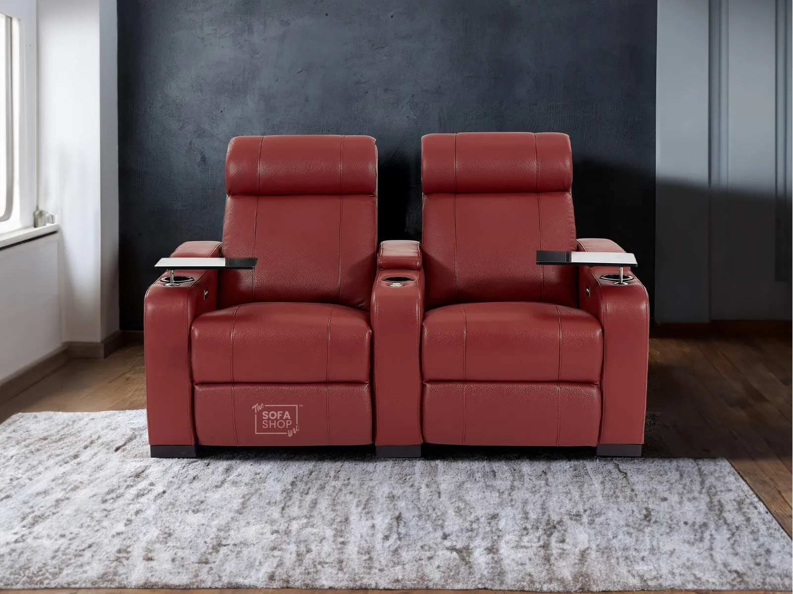 2 Seat Real Leather Electric Recliner Home Cinema Theatre Sofa In Red with Chilled Cupholders + Console + Power + USB + LED Lights | Rimini - Image 3